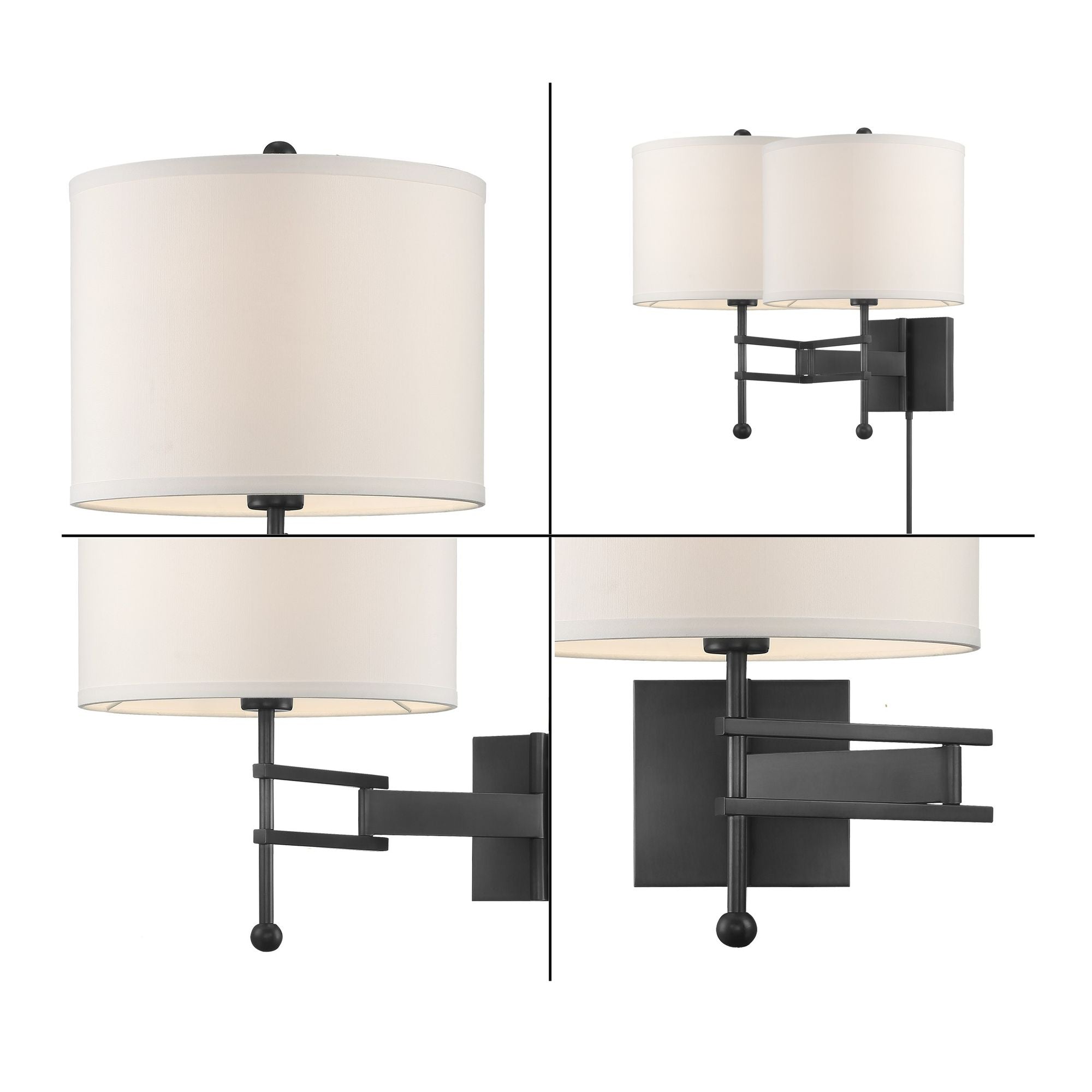 Marshall 1 Light Matte Black Swing Arm Sconce Silk Shade 12.5"W x 18"H x 20.5"D