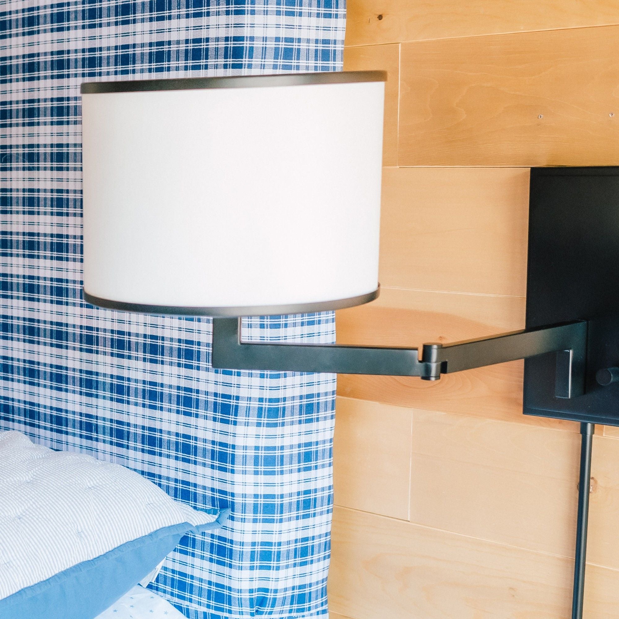 Marshall 1 Light Matte Black Swing Arm Sconce Silk Shade 12.5"W x 18"H x 20.5"D