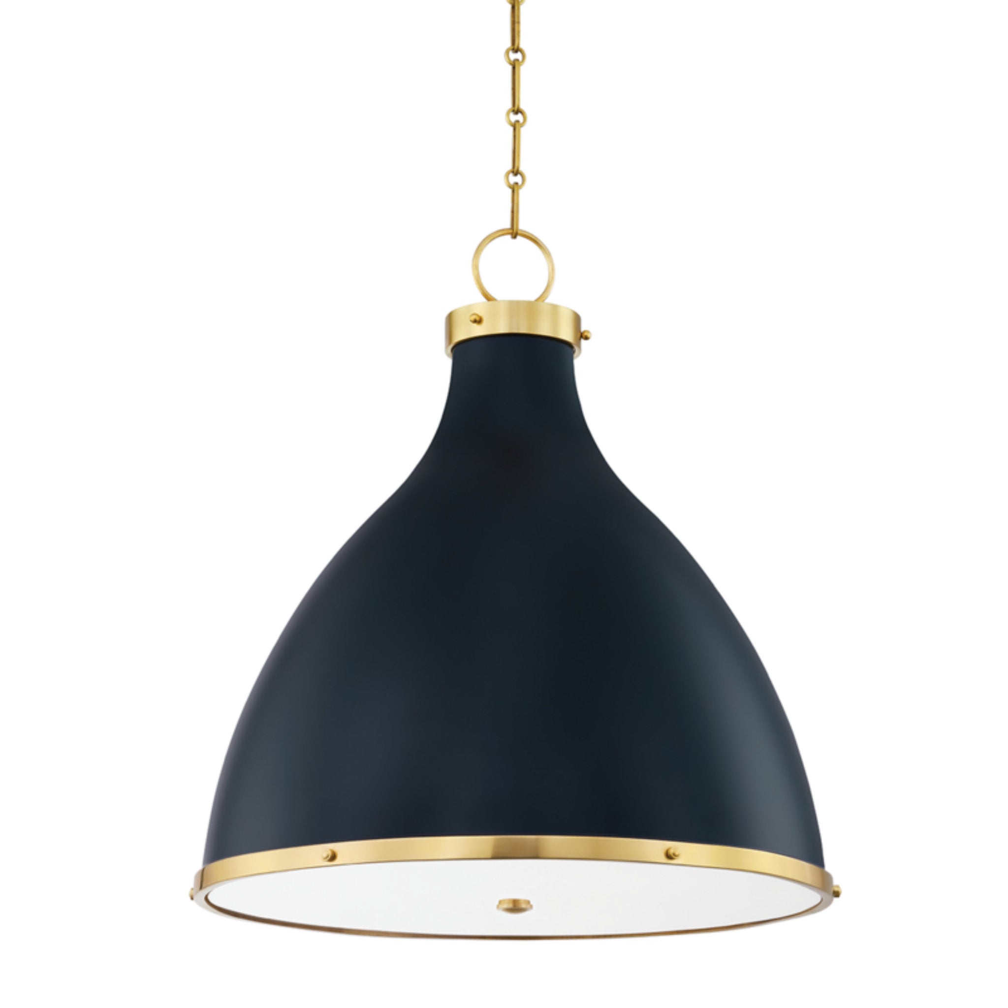 Painted No. 3 3-Light Pendant in Aged Brass/Darkest Blue by Mark D. Sikes 22.5L x 22.5W x 25H