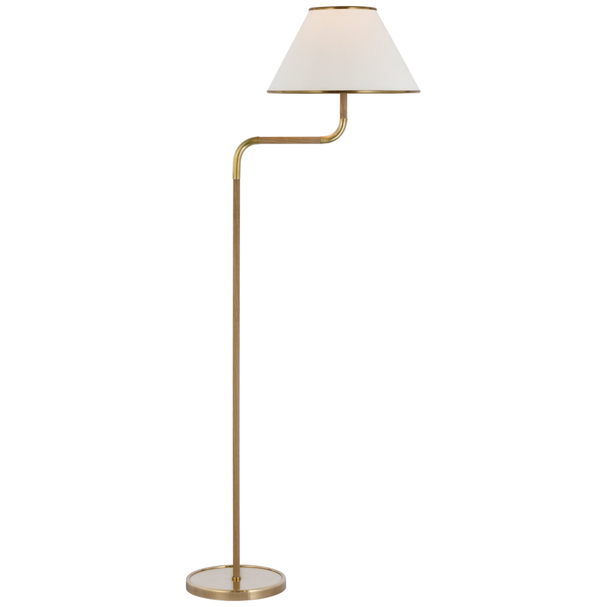 Marie Flanigan Rigby Medium Bridge Arm Floor Lamp in Soft Brass and Natural Oak with Linen Shade W14" x H54.25"