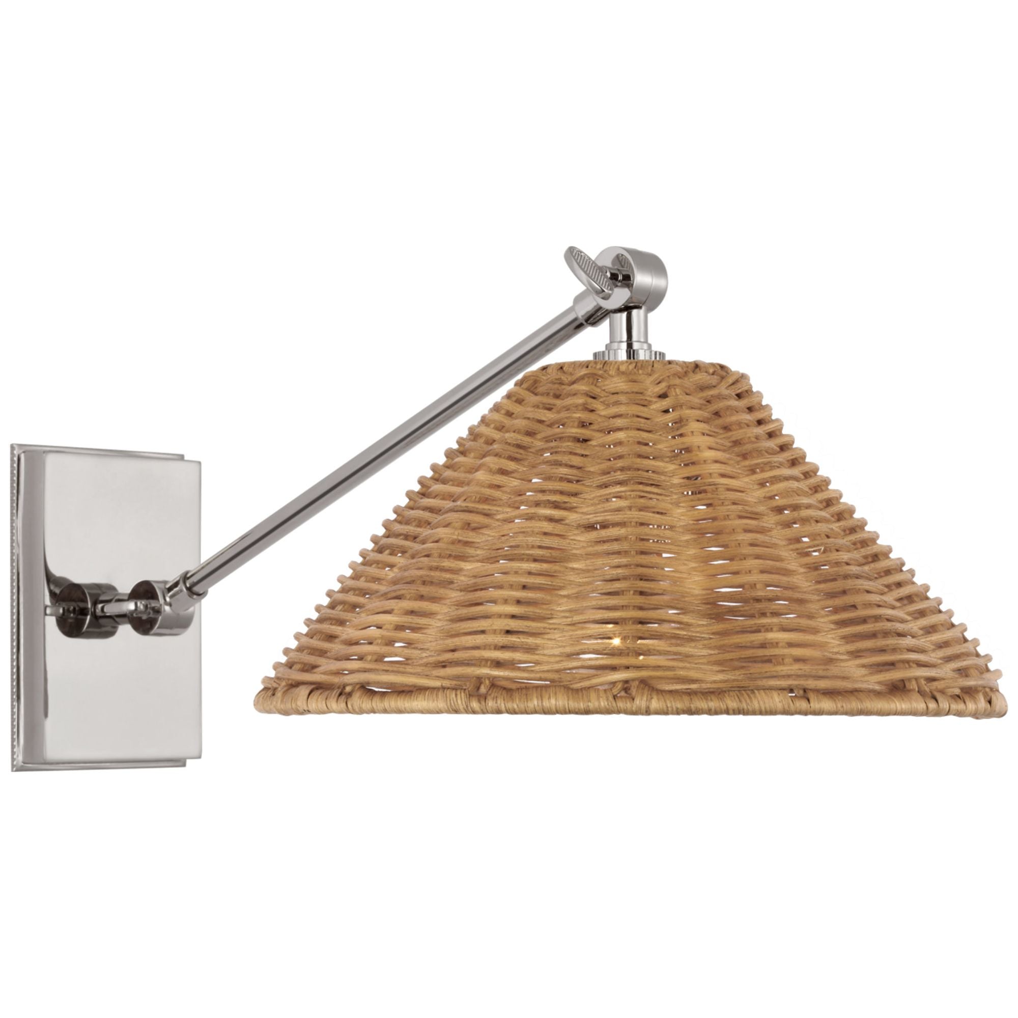 Marie Flanigan Wimberley Single Library Wall Light in Polished Nickel with Natural Wicker Shade W10" x H8.25" - 8.5"
