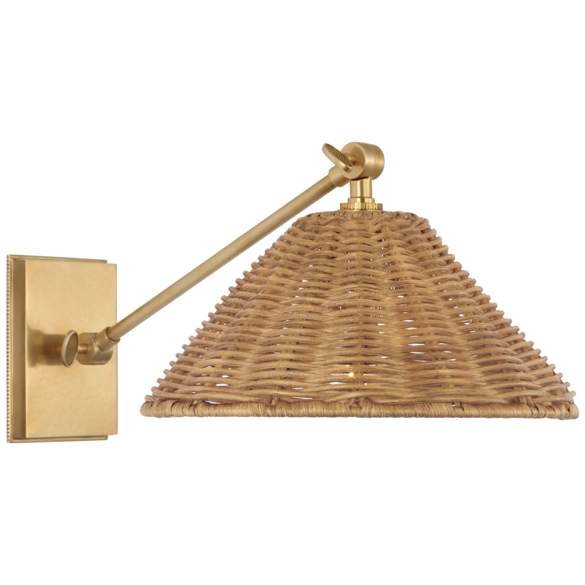 Marie Flanigan Wimberley Single Library Wall Light in Soft Brass with Natural Wicker Shade W10" x H8.25" - 8.5"