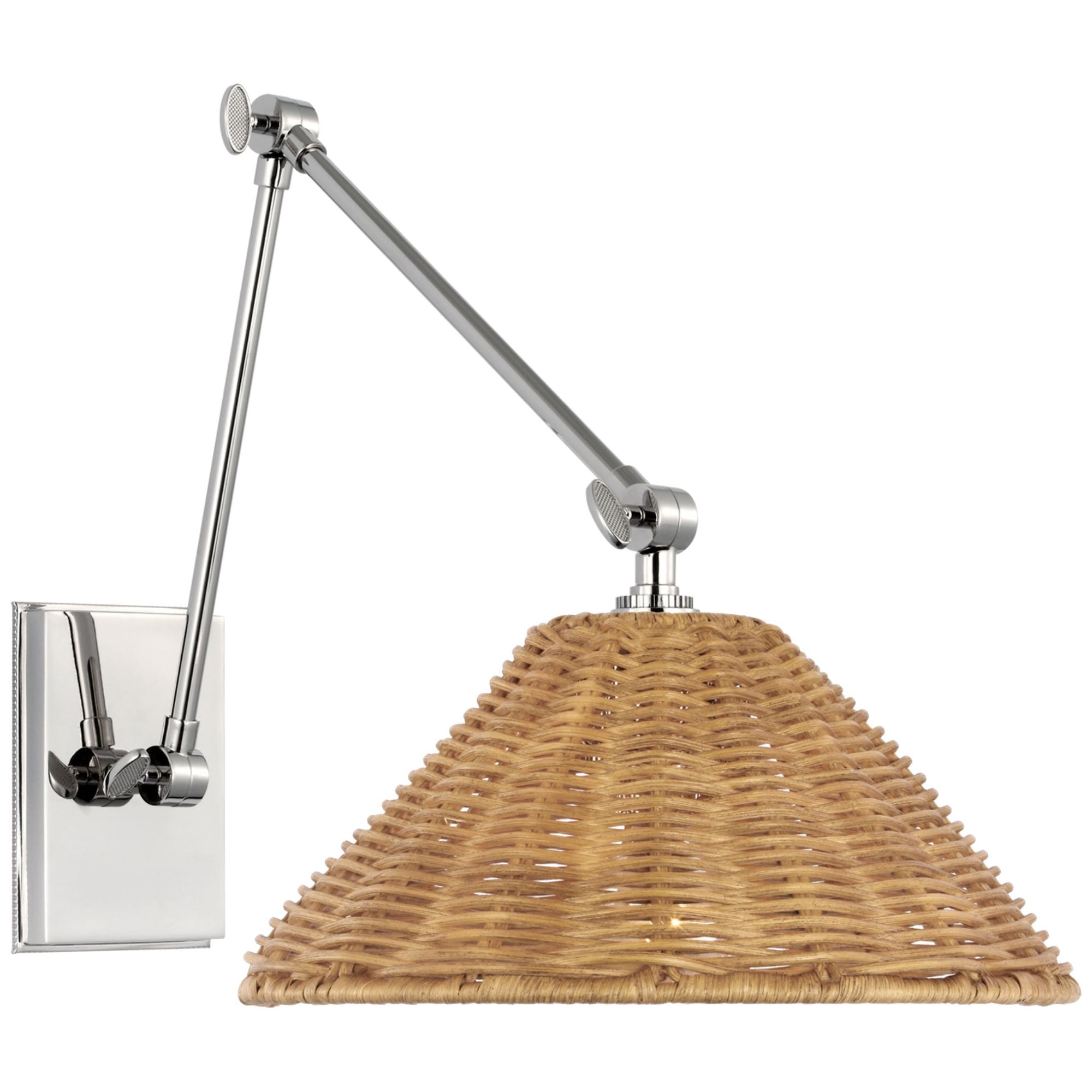 Marie Flanigan Wimberley Double Library Wall Light in Polished Nickel with Natural Wicker Shade W10" x H11.5" - 12.25"