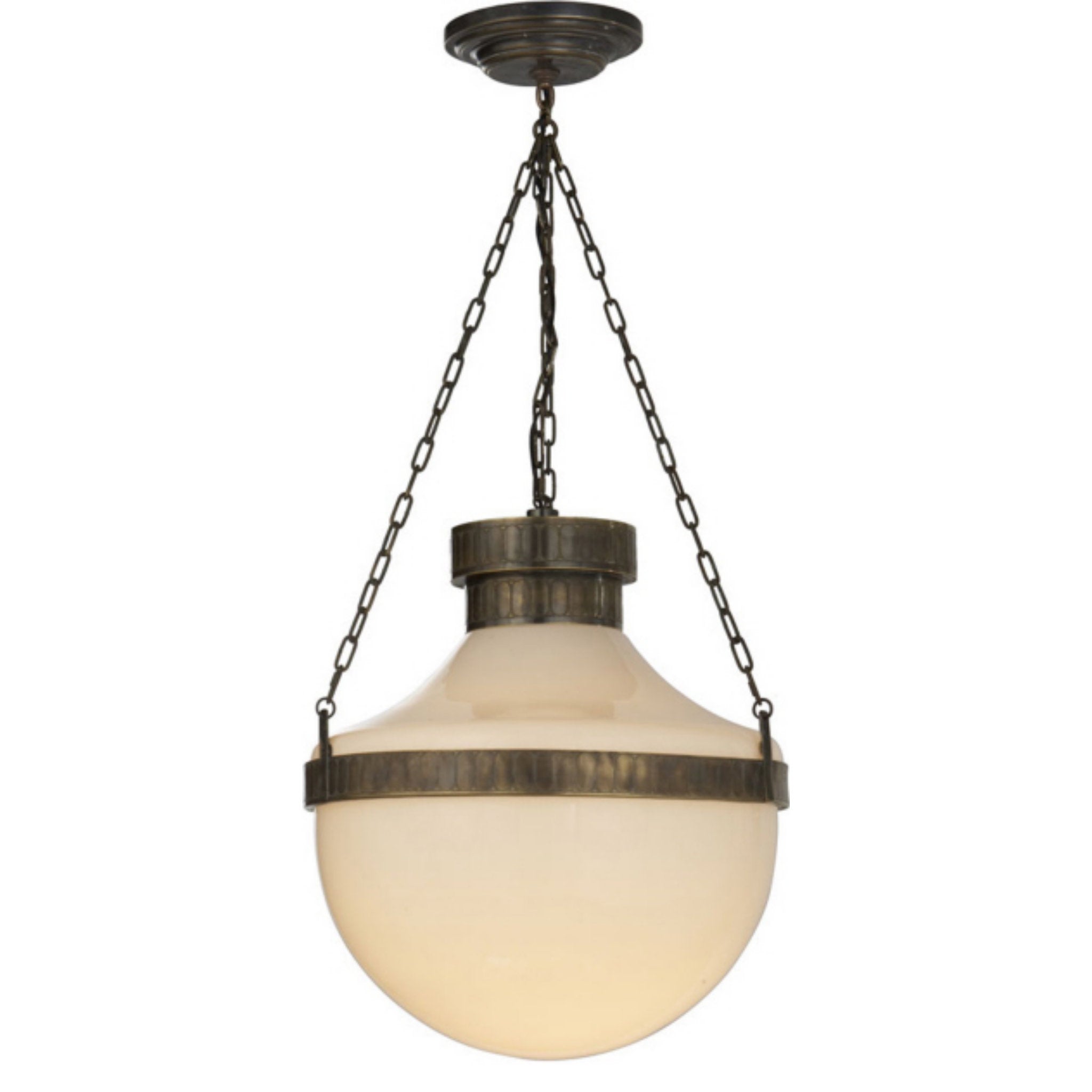 Michael S Smith Modern Schoolhouse Lantern in Antique Brass Verdigris with White Glass Ceiling Light W18"