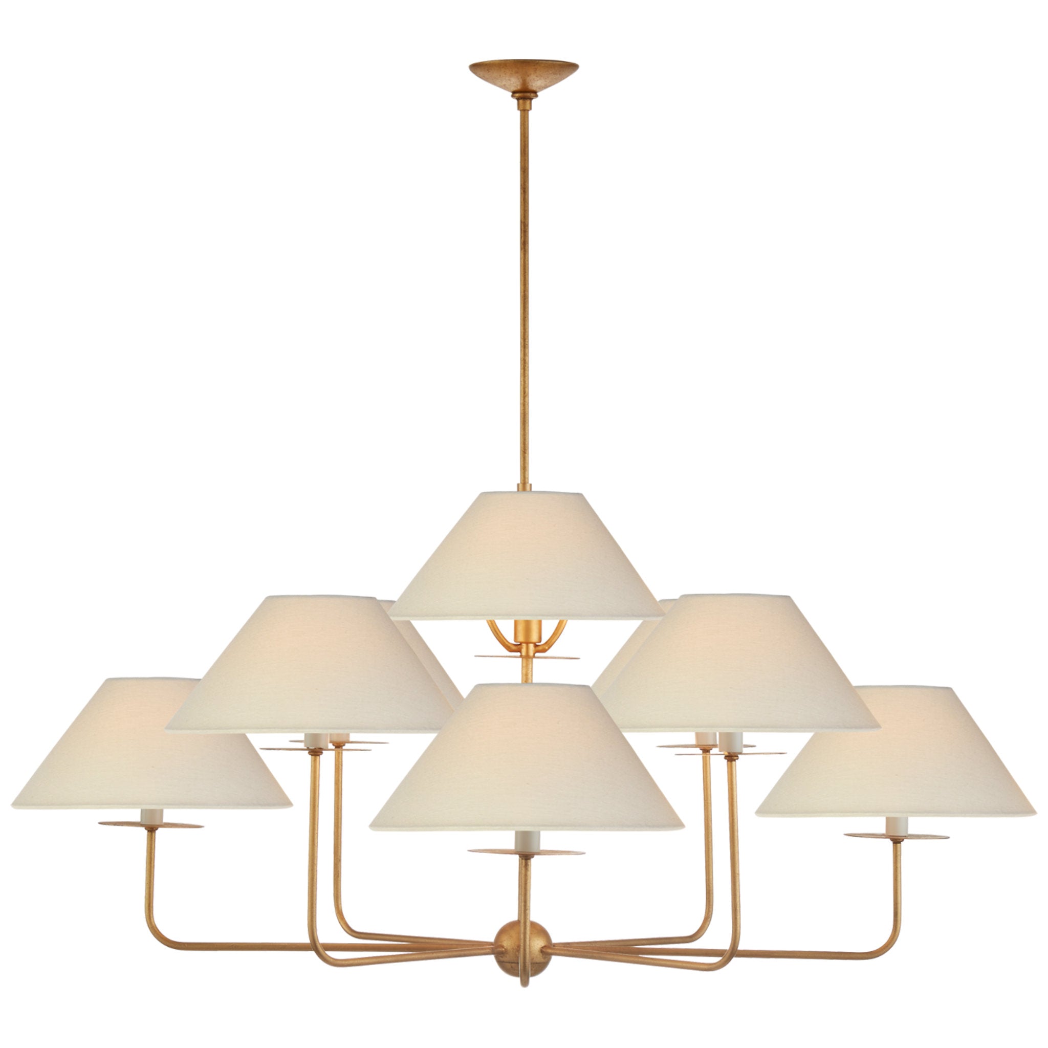 Niermann Weeks Kelley Large Chandelier in Gilded Iron with Linen Shades Ceiling Light W43.75"