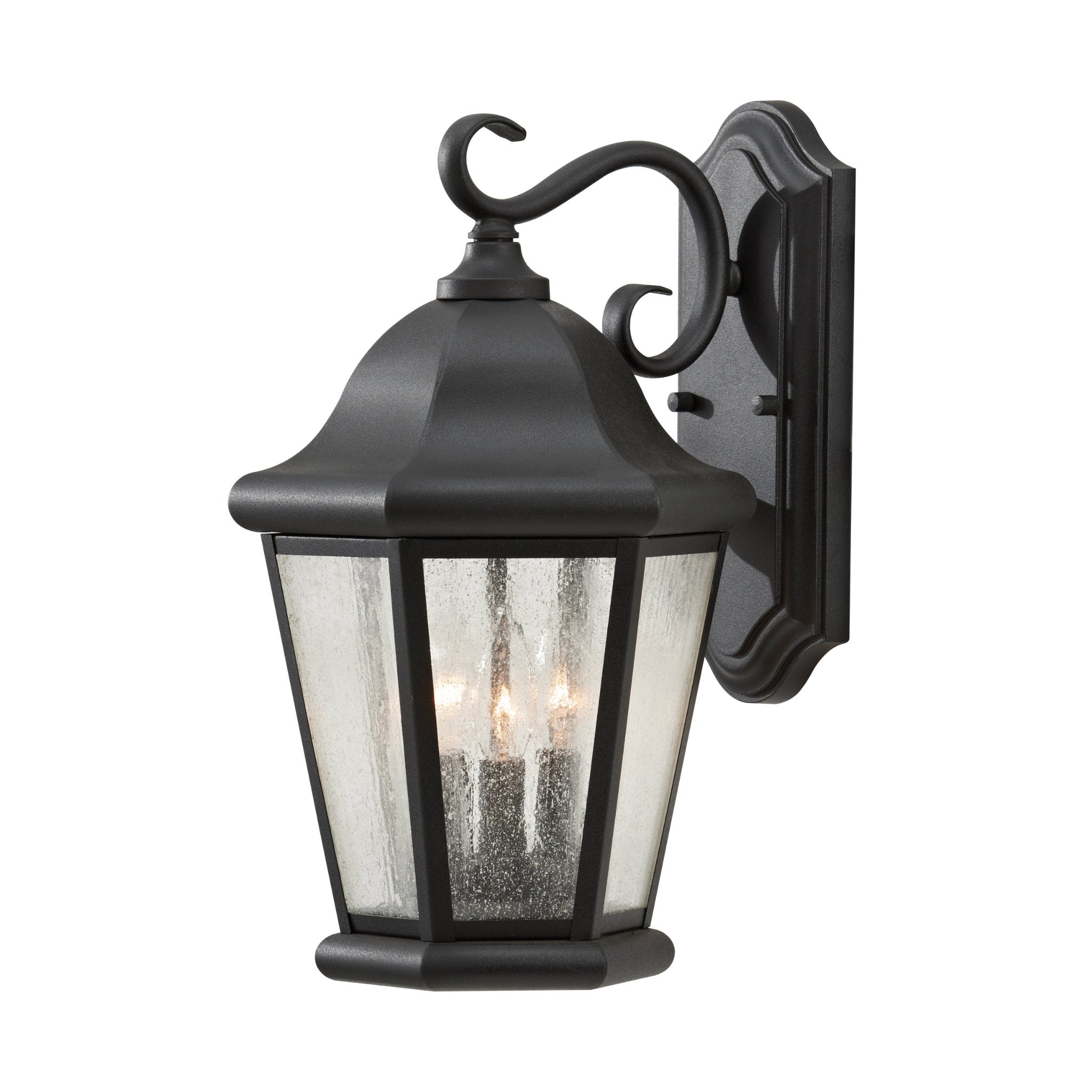 Martinsville Large Three Light Outdoor Wall Lantern Traditional Fixture 10.25" Width 17" Height Stainless Steel Irregular Clear Seeded Shade in Black