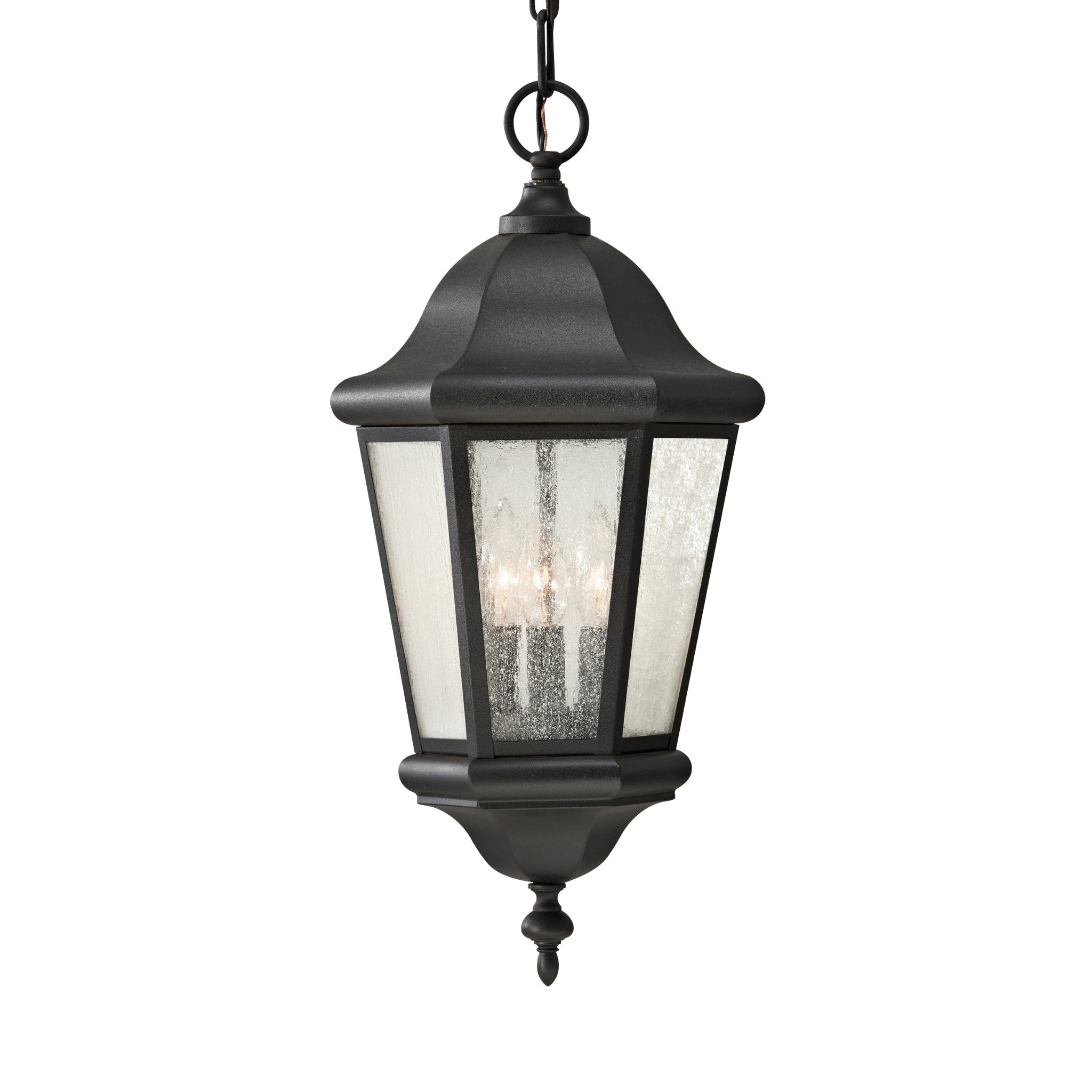 Martinsville Three Light Outdoor Pendant Lantern Traditional Fixture 10.25" Width 21" Height Stainless Steel Irregular Clear Seeded Shade in Black