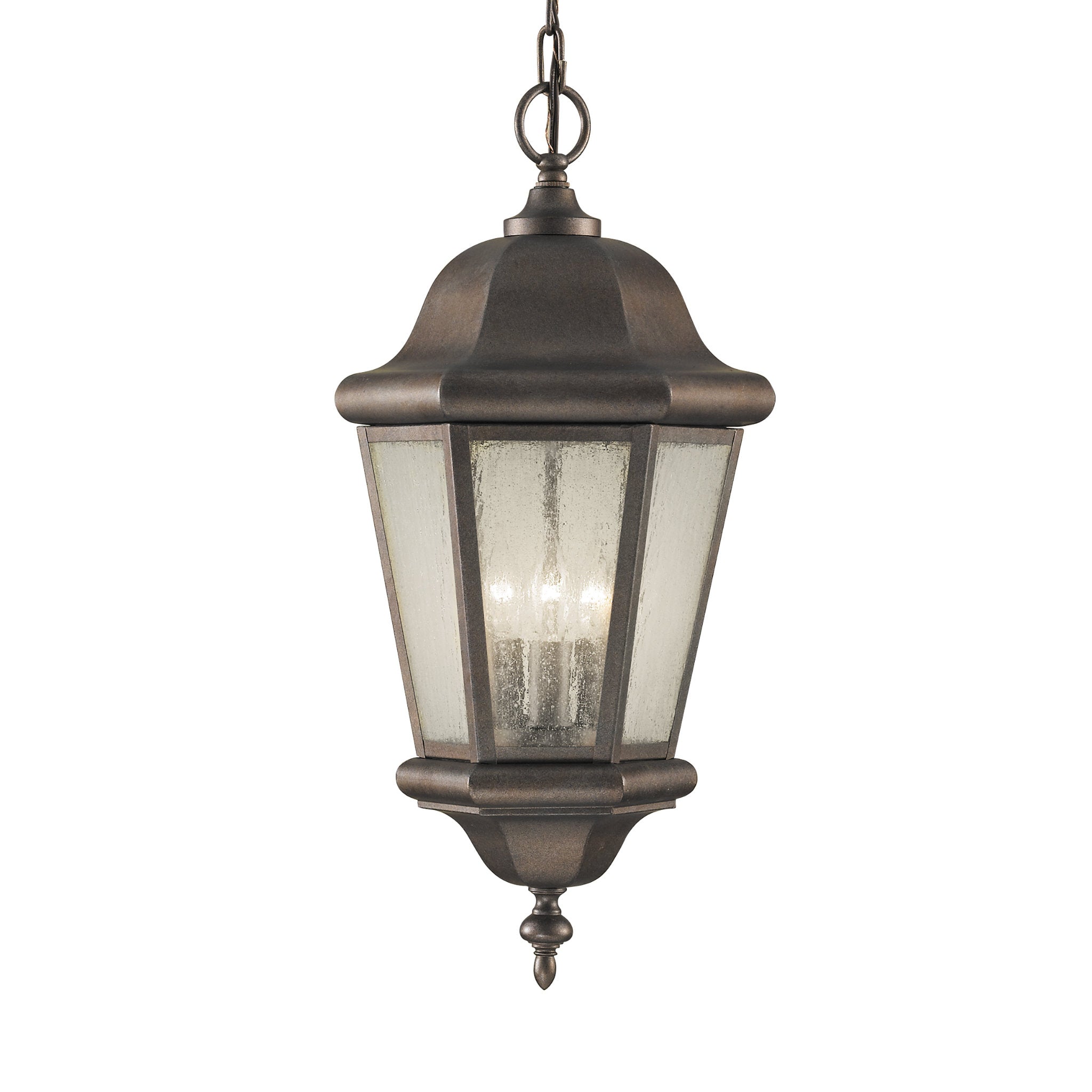 Martinsville Three Light Outdoor Pendant Lantern Traditional Fixture 10.25" Width 21" Height Stainless Steel Irregular Clear Seeded Shade in Corinthian Bronze