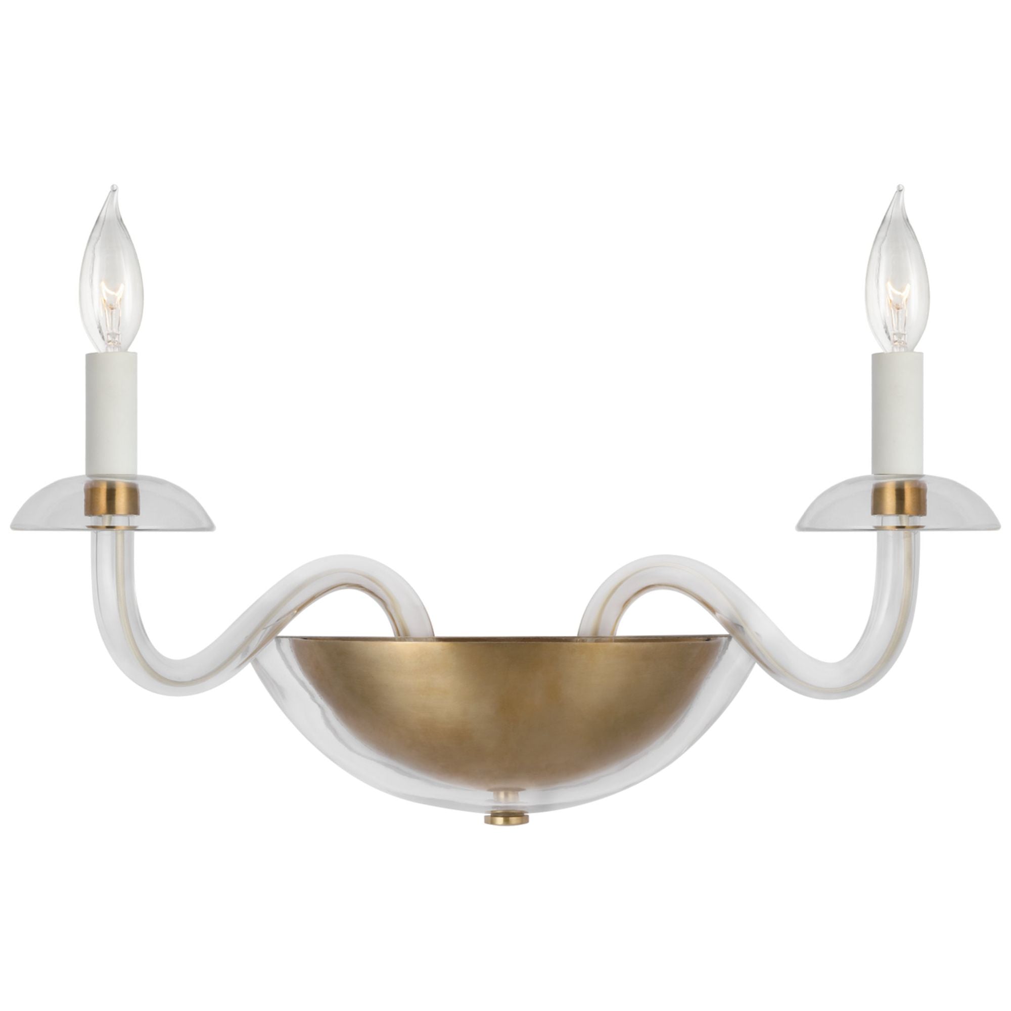 Paloma Contreras Brigitte Small Double Sconce in Clear Glass and Hand-Rubbed Antique Brass Wall Light W24.5" x H8.5"