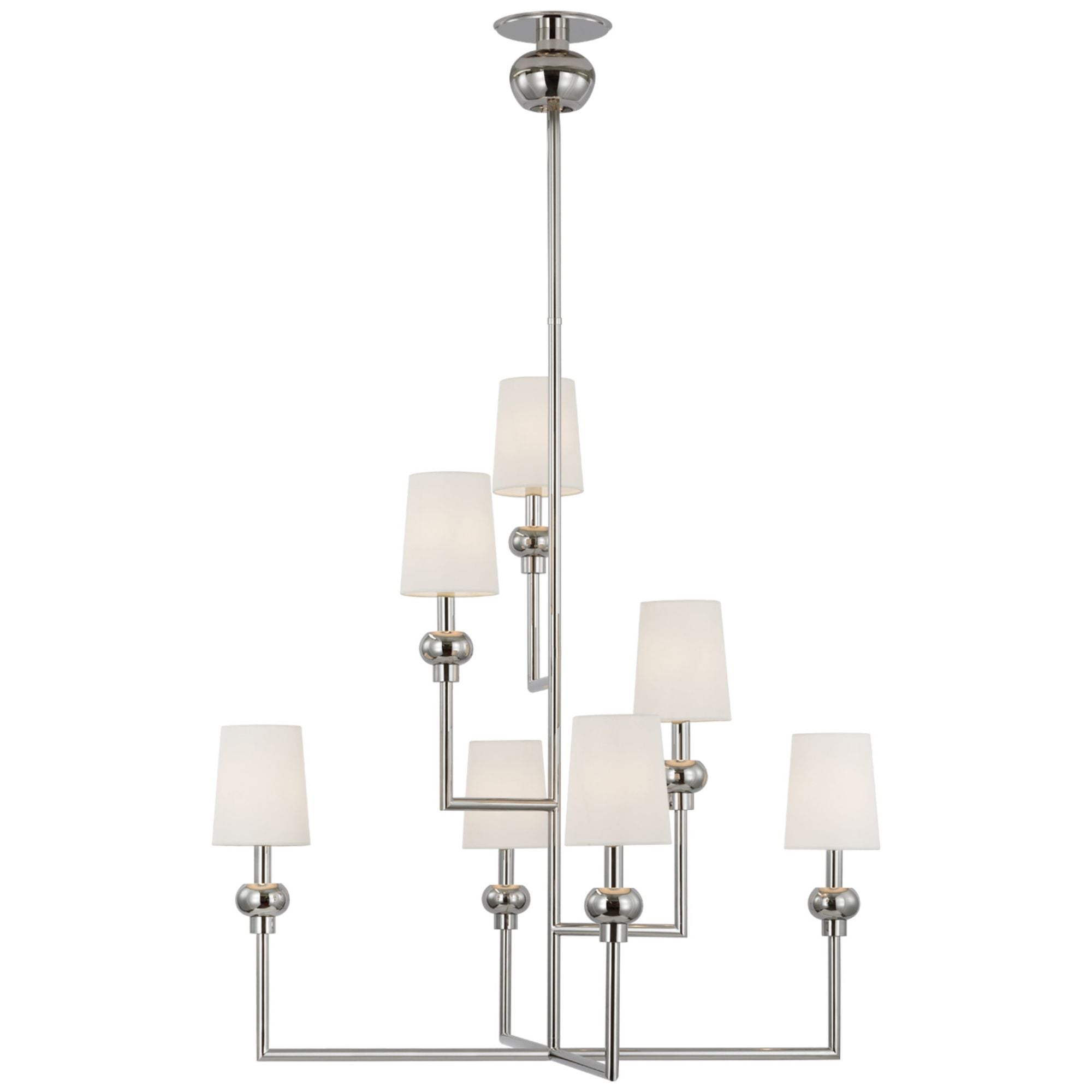 Paloma Contreras Comtesse XL Offset Chandelier in Polished Nickel with Linen Shades Ceiling Light W38.5"