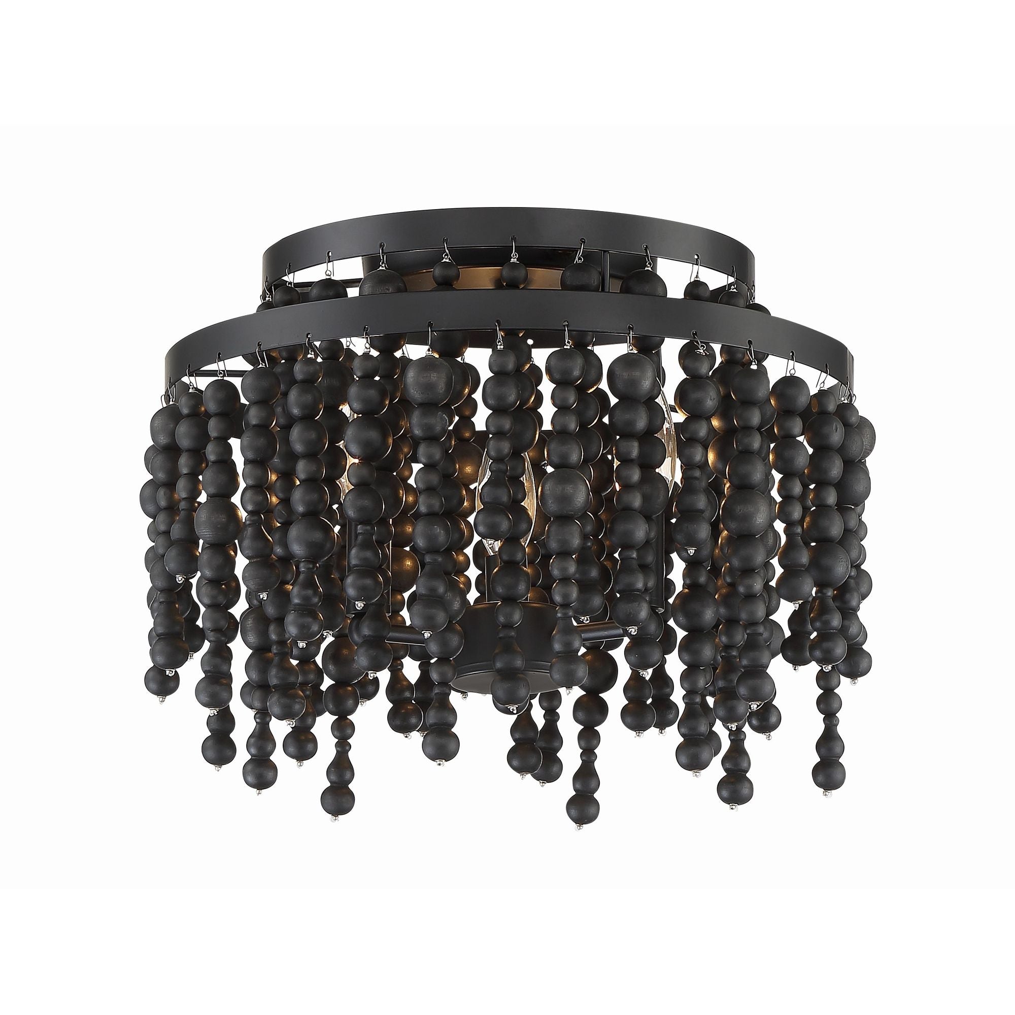 Poppy 3 Light Matte Black Semi Flush Mount Black Wood Beads 15"W x 11.75"H x 15"D
