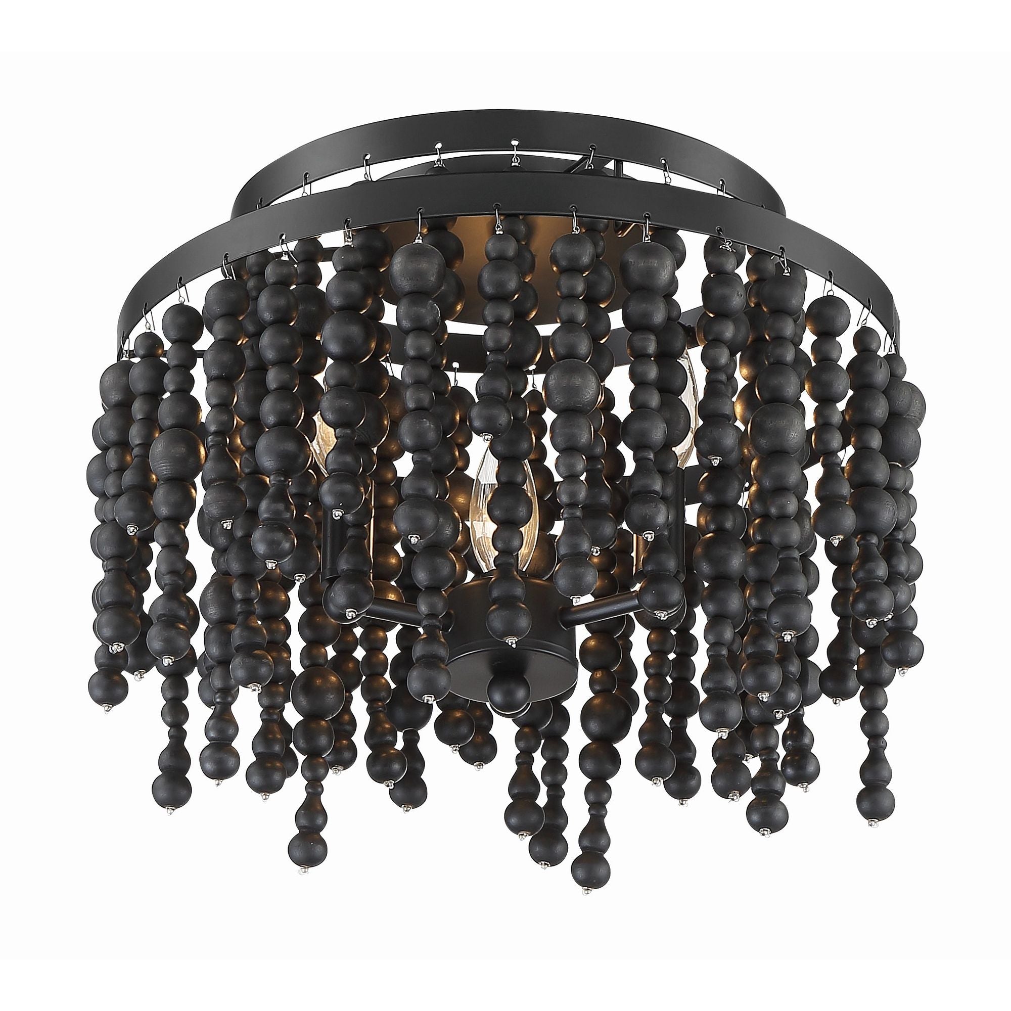 Poppy 3 Light Matte Black Semi Flush Mount Black Wood Beads 15"W x 11.75"H x 15"D