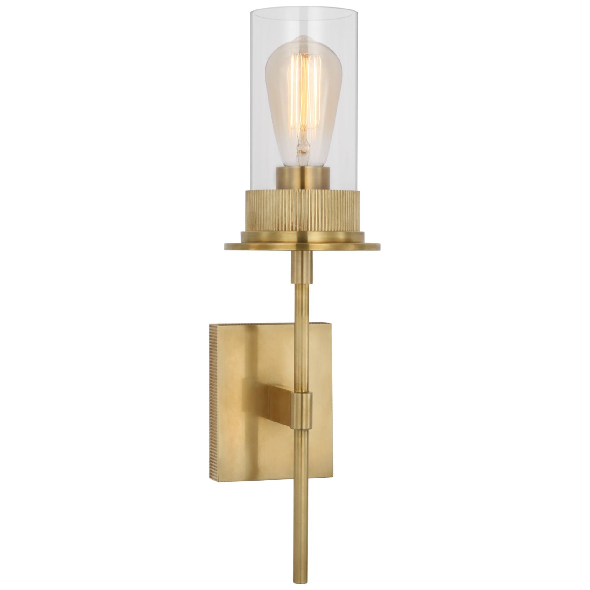 Ray Booth Beza Medium Tail Sconce in Antique Brass with Clear Glass Wall Light W5.25" x H19.75"