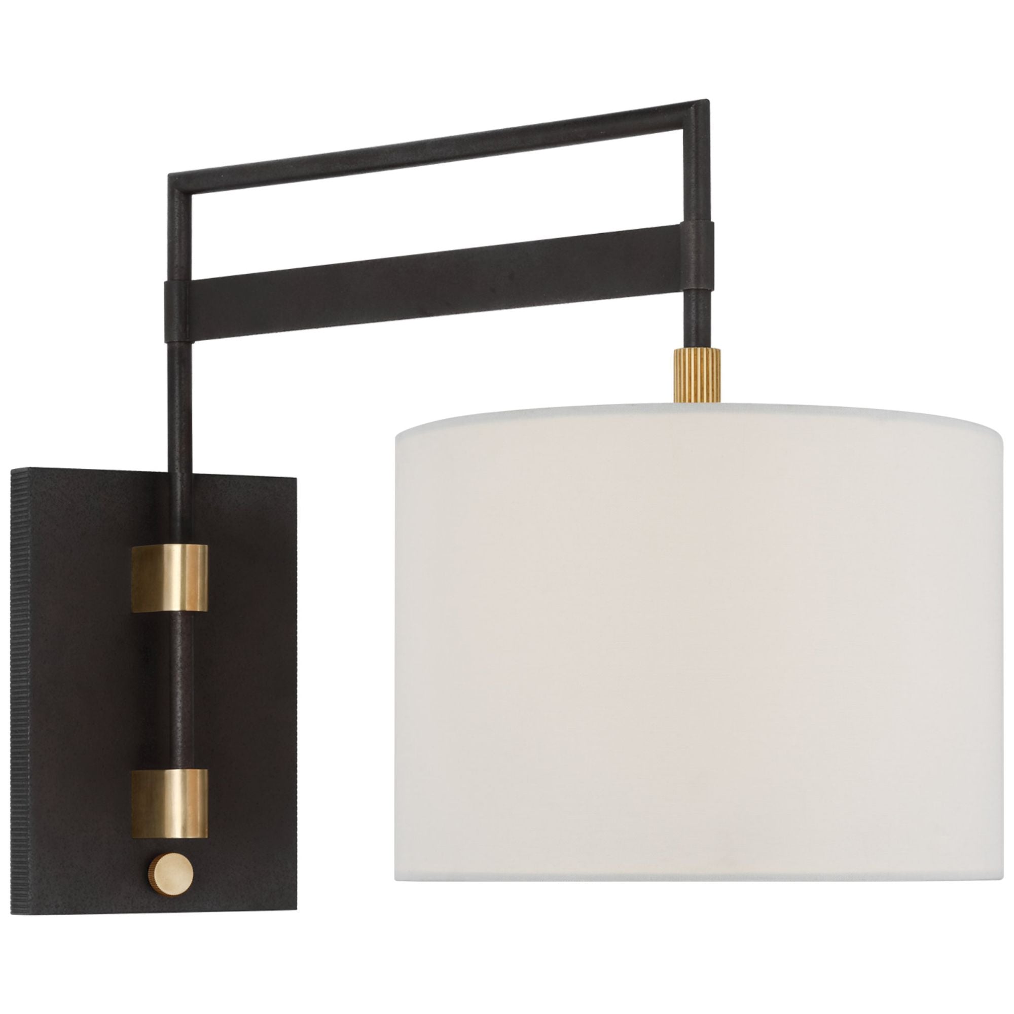 Ray Booth Gael Medium Articulating Wall Light in Warm Iron and Antique Brass with Linen Shade W11" x H15"