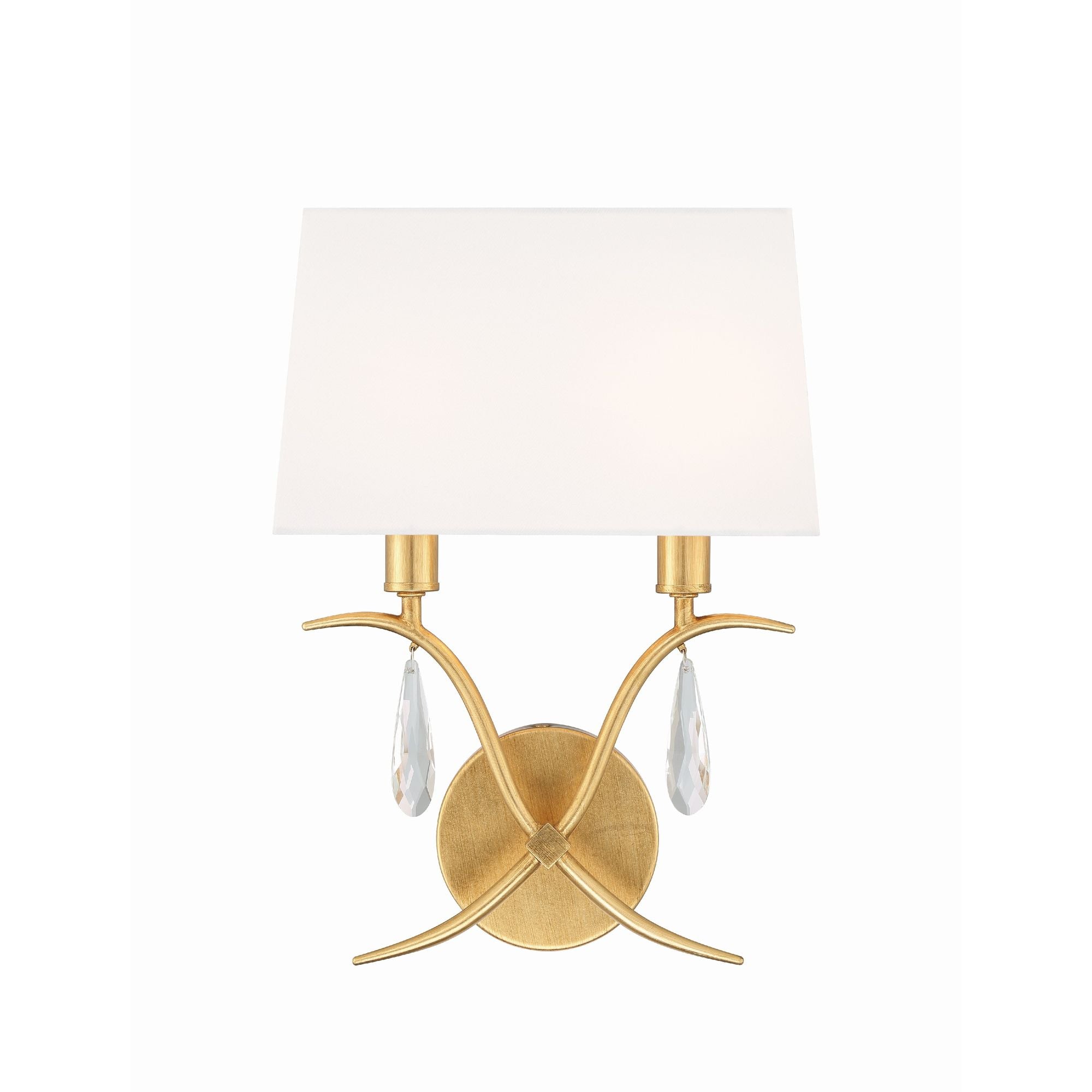 Rollins 2 Light Antique Gold Sconce Hand Cut Crystal Silk Shade 10"W x 14"H x 4.5"D