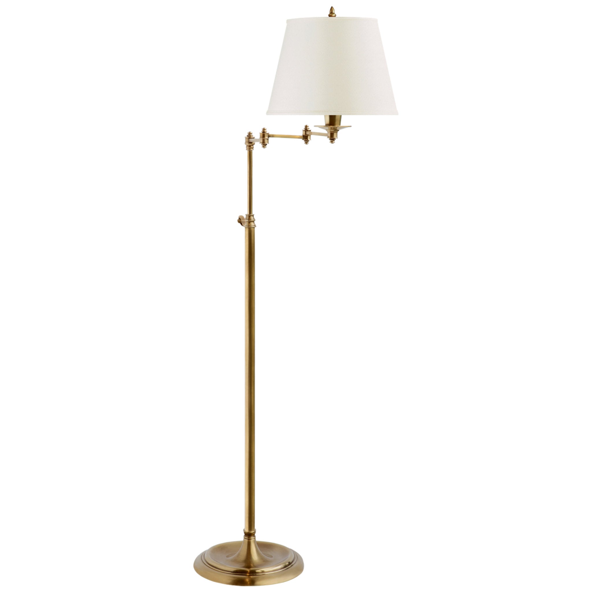 Visual Comfort Triple Swing Arm Floor Lamp in Hand-Rubbed Antique Brass with Linen Shade W11" x H47" - 71"