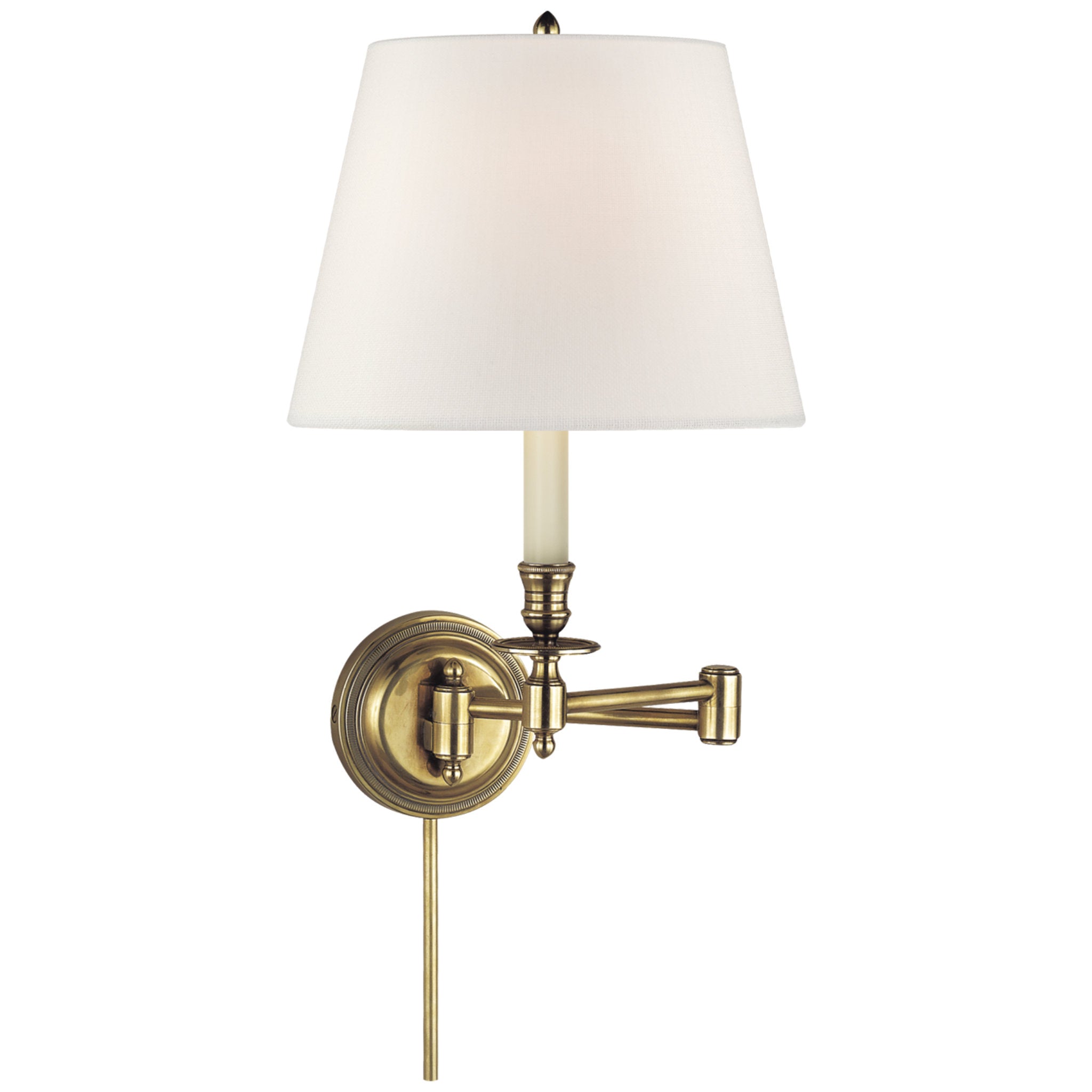 Visual Comfort Candlestick Swing Arm in Hand-Rubbed Antique Brass with Linen Shade Wall Light W19.25" x H16"