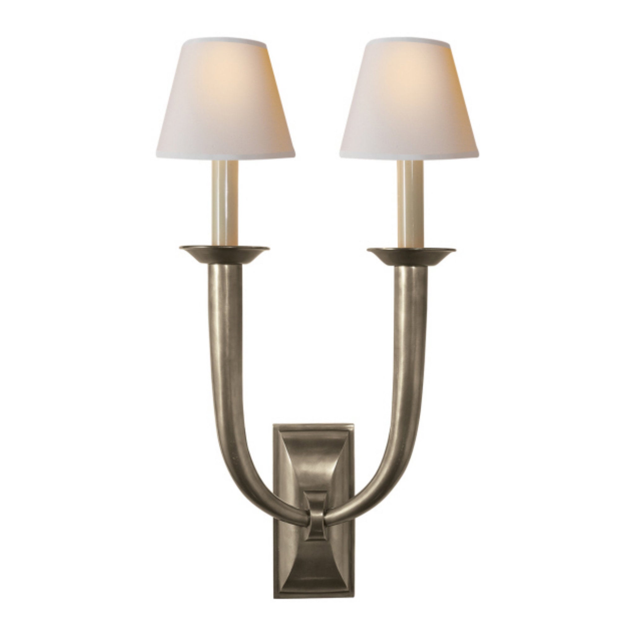 Visual Comfort French Deco Horn Double Sconce in Antique Nickel with Natural Paper Shades Wall Light W12.25" x H22"