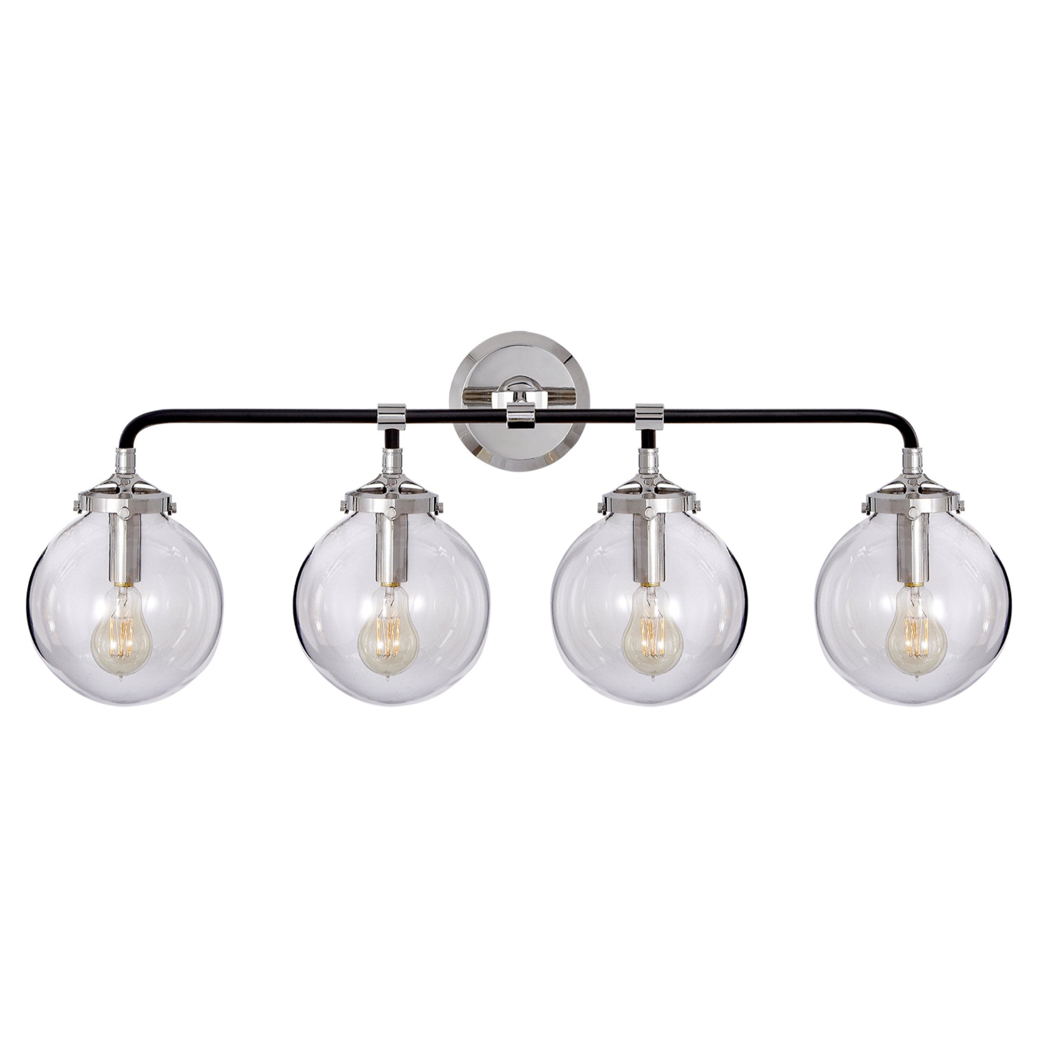 Ian K. Fowler Bistro Four Light Bath Sconce in Polished Nickel and Black with Clear Glass Wall Light W30" x H10.75"
