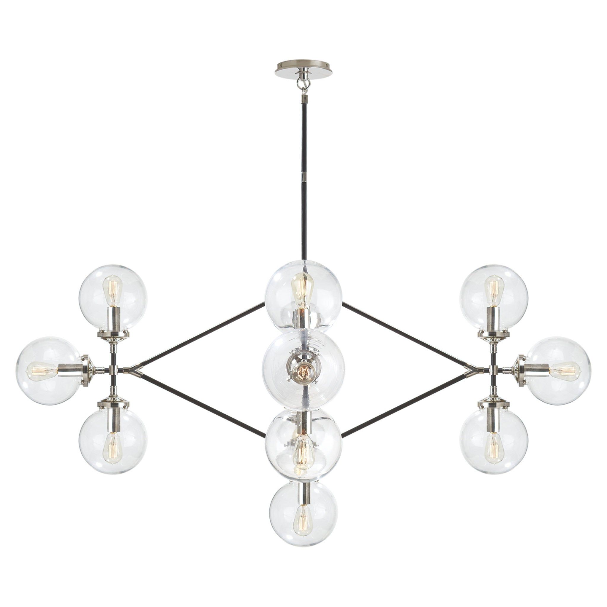 Ian K. Fowler Bistro Four Arm Chandelier in Polished Nickel and Black with Clear Glass Ceiling Light W53"