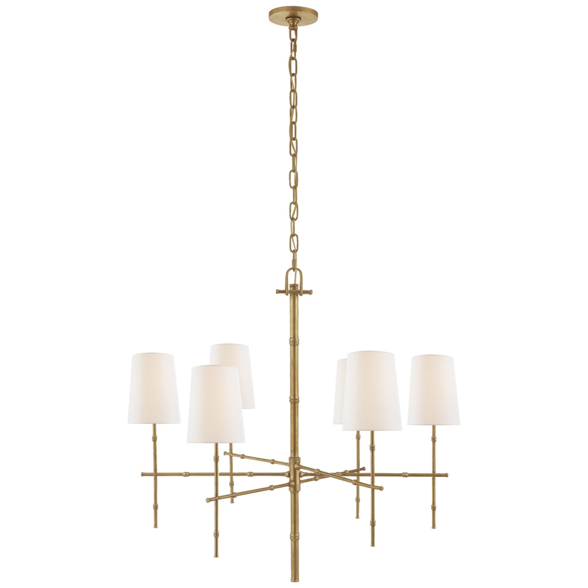 Visual Comfort Grenol Medium Modern Bamboo Chandelier in Hand-Rubbed Antique Brass with Linen Shades Ceiling Light W33.25" x H31.75"