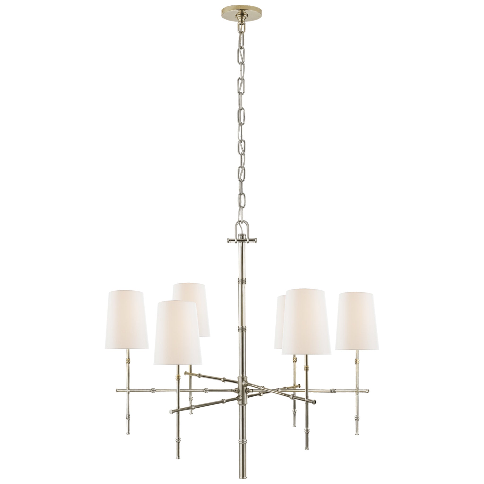 Visual Comfort Grenol Medium Modern Bamboo Chandelier in Polished Nickel with Linen Shades Ceiling Light W33.25" x H31.75"