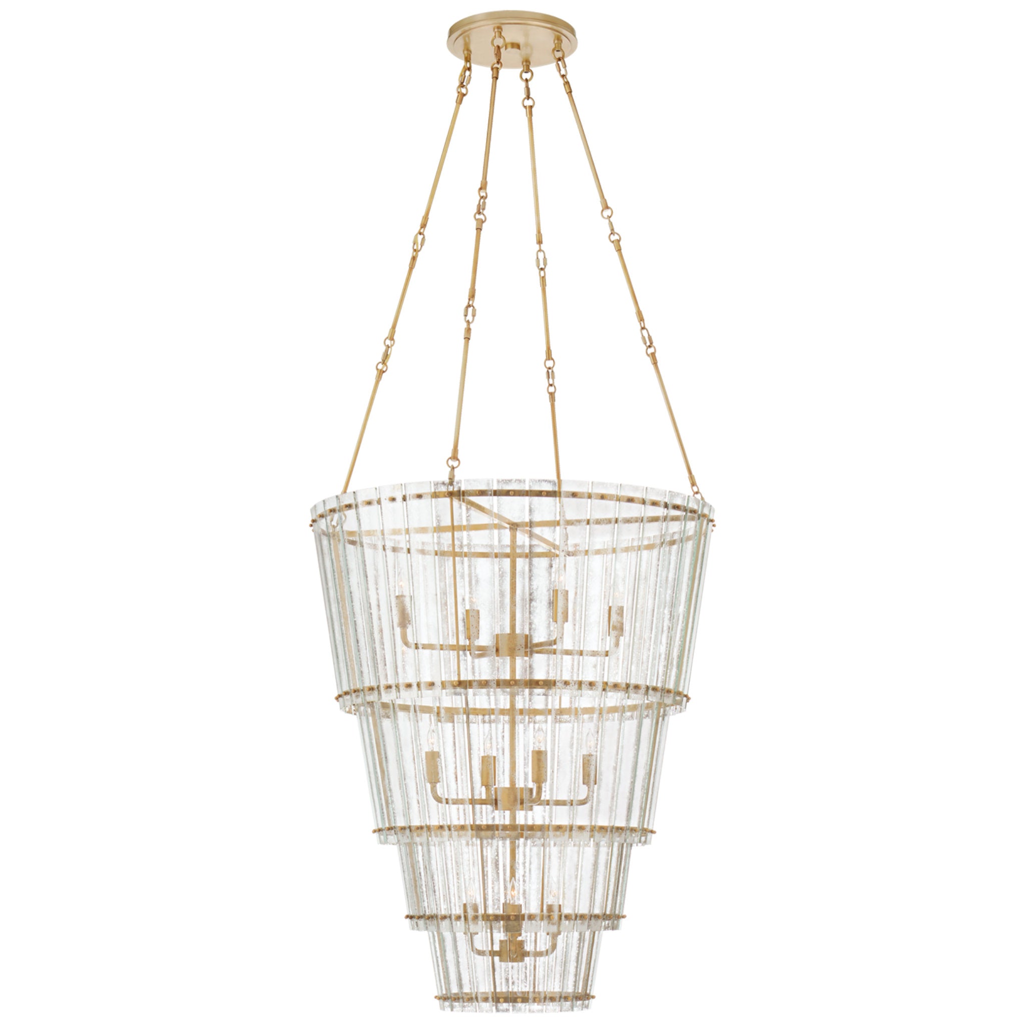 Carrier and Company Cadence Large Waterfall Chandelier in Hand-Rubbed Antique Brass with Antique Mirror Ceiling Light W30.75"