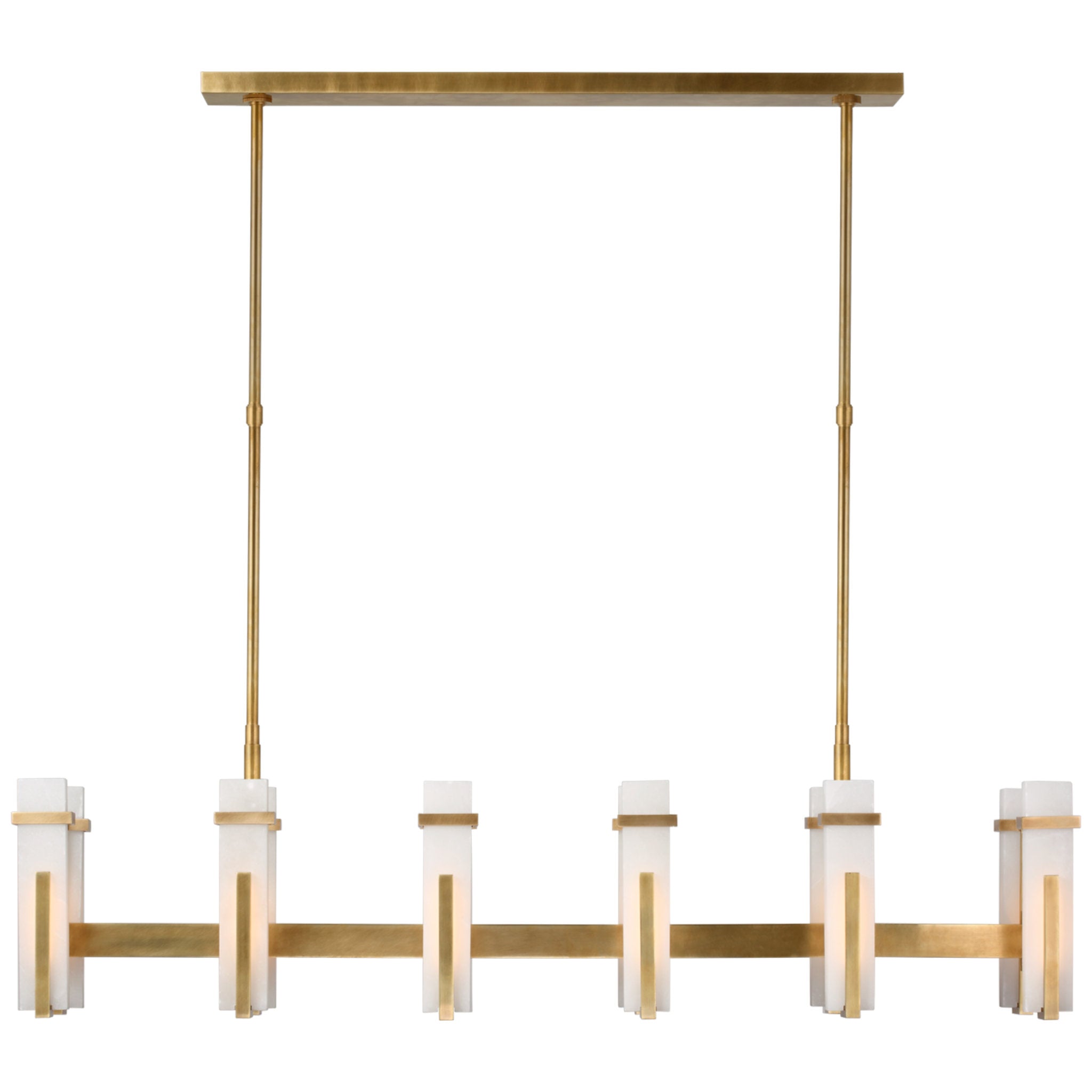 Ian K. Fowler Malik Large Linear Chandelier in Hand-Rubbed Antique Brass with Alabaster Ceiling Light W54.75" x 10.25"