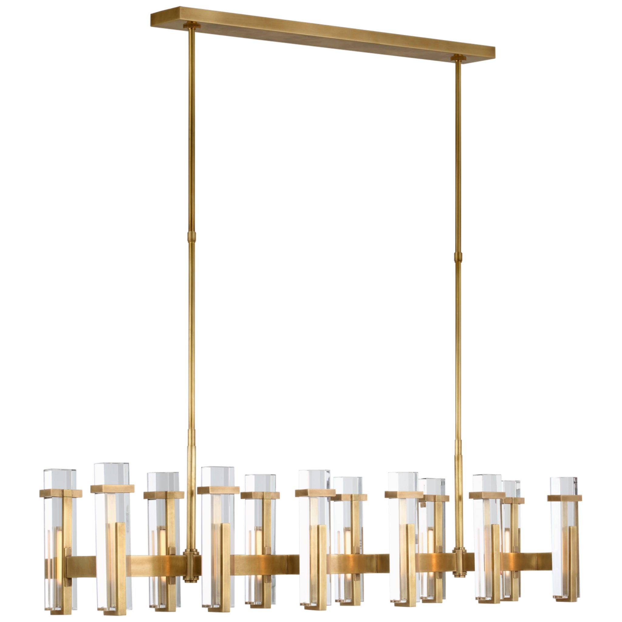 Ian K. Fowler Malik Large Linear Chandelier in Hand-Rubbed Antique Brass with Crystal Ceiling Light W54.75" x 10.25"