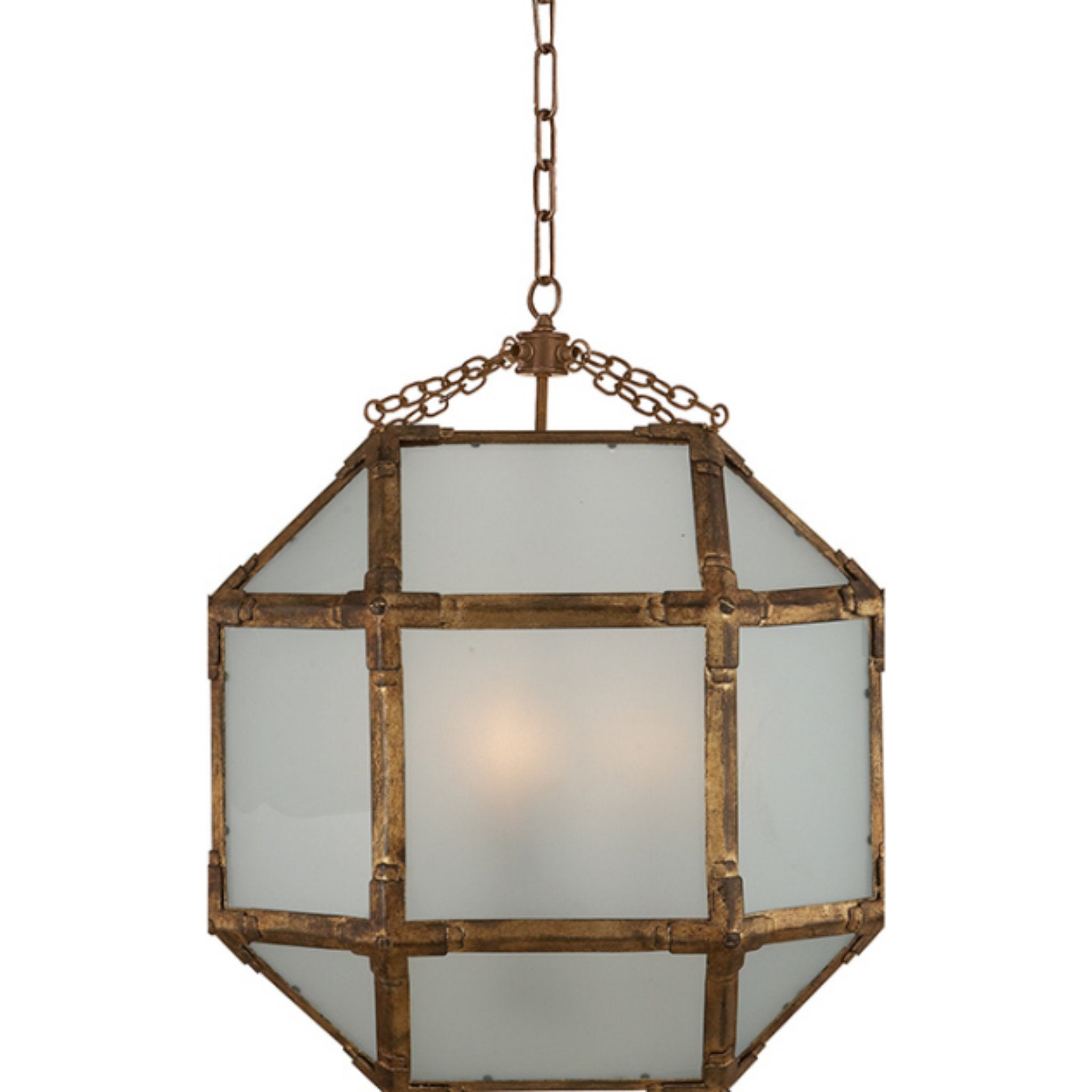 Suzanne Kasler Morris Medium Lantern in Gilded Iron with Frosted Glass Ceiling Light W18.5" x H26"