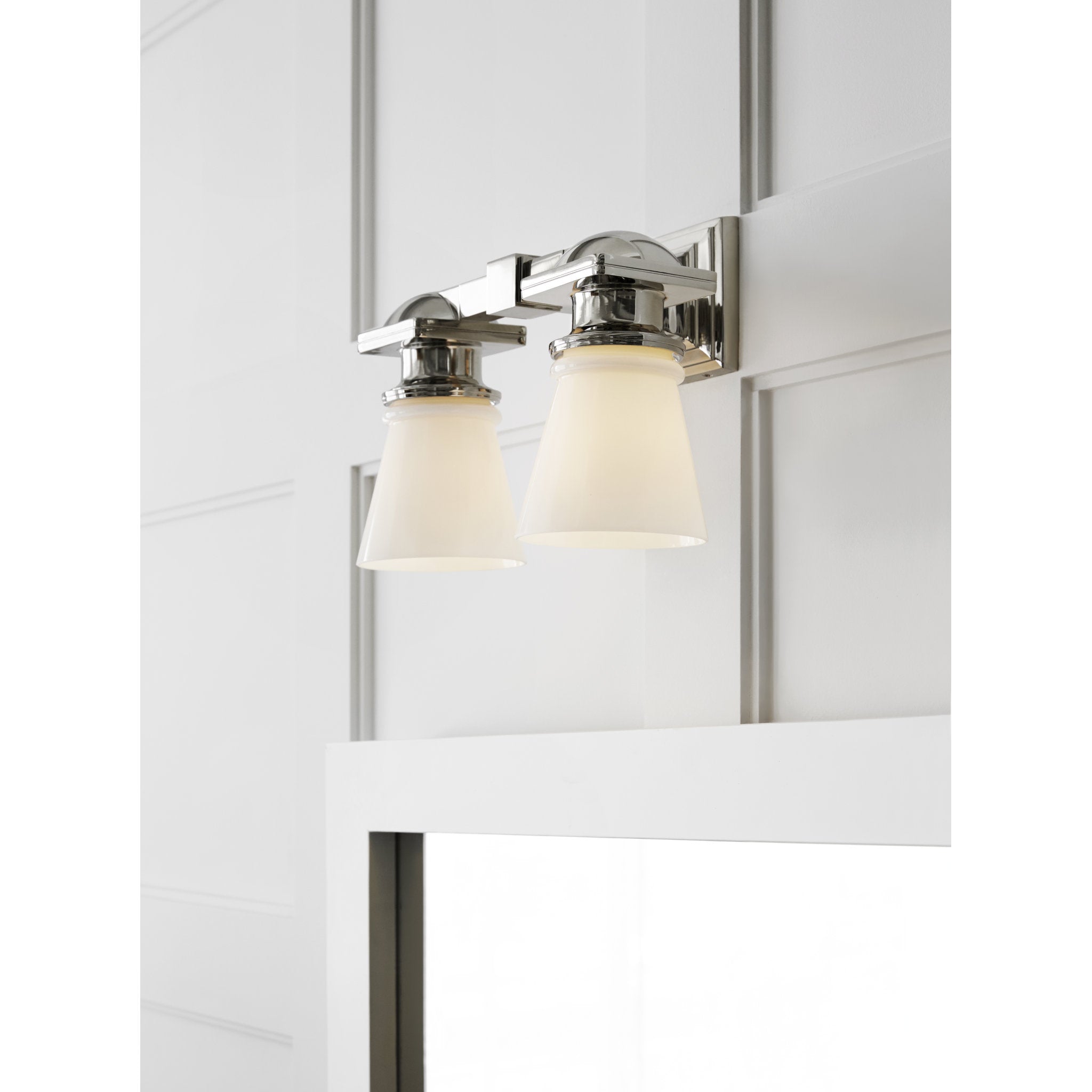 Chapman & Myers New York Subway Double Light in Polished Nickel with White Glass Wall Light W14" x H9.75"