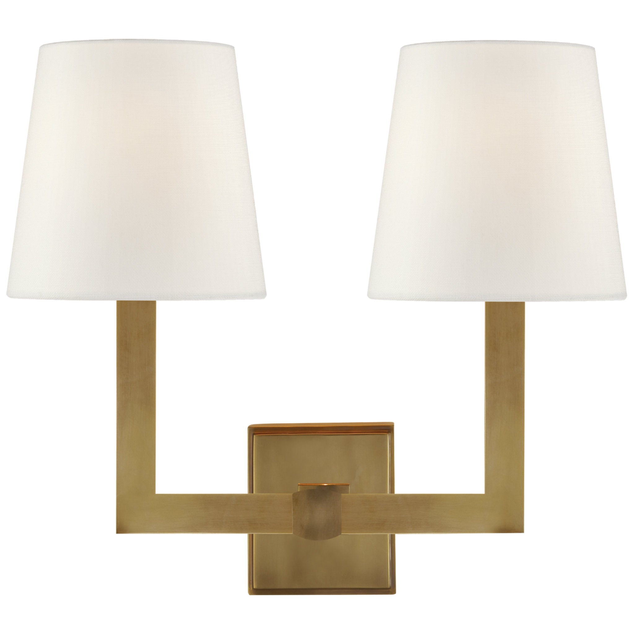 Chapman & Myers Square Tube Double Sconce in Hand-Rubbed Antique Brass with Linen Shades Wall Light W15" x H14"