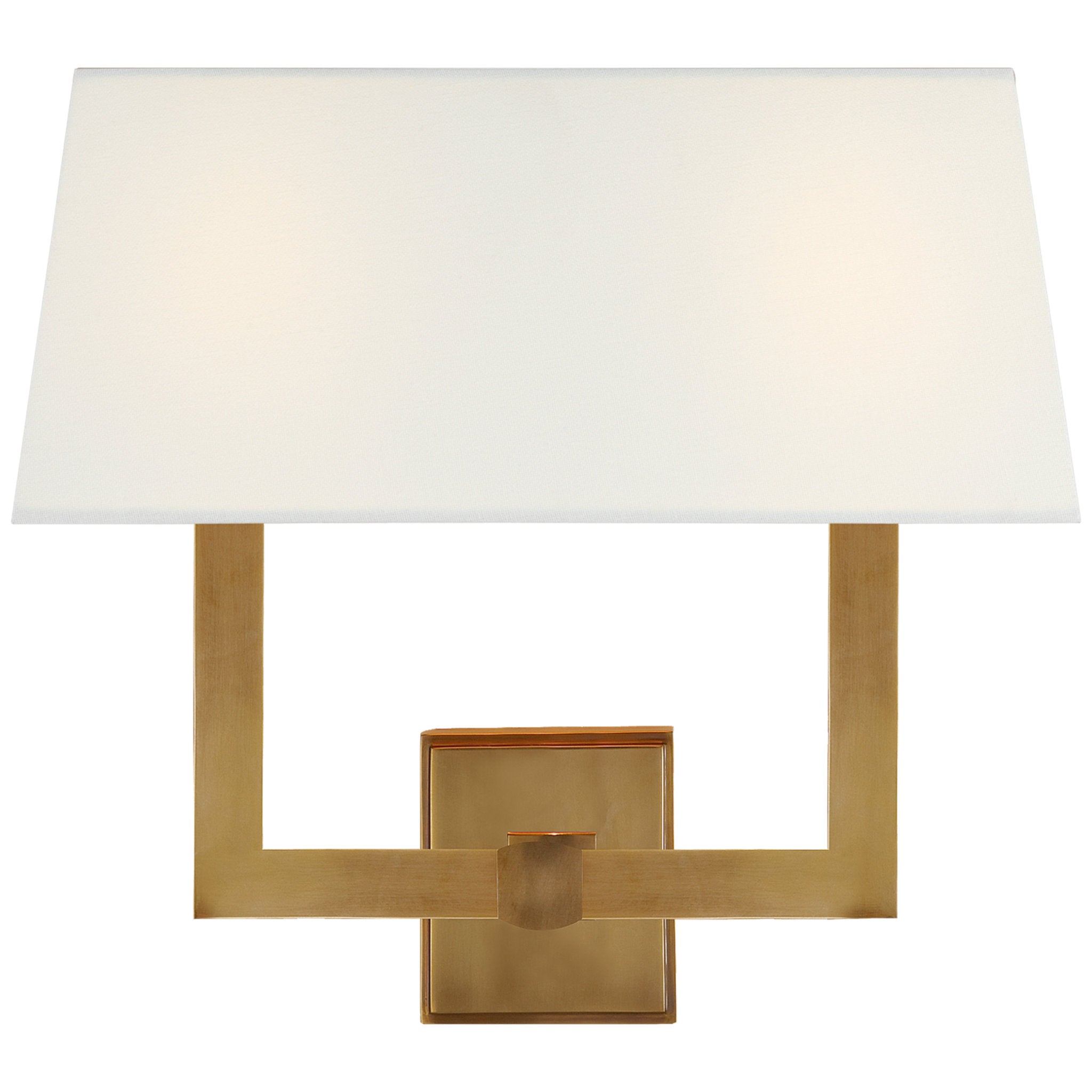 Chapman & Myers Square Tube Double Sconce in Hand-Rubbed Antique Brass with Linen Single Shade Wall Light W15.5" x H14"