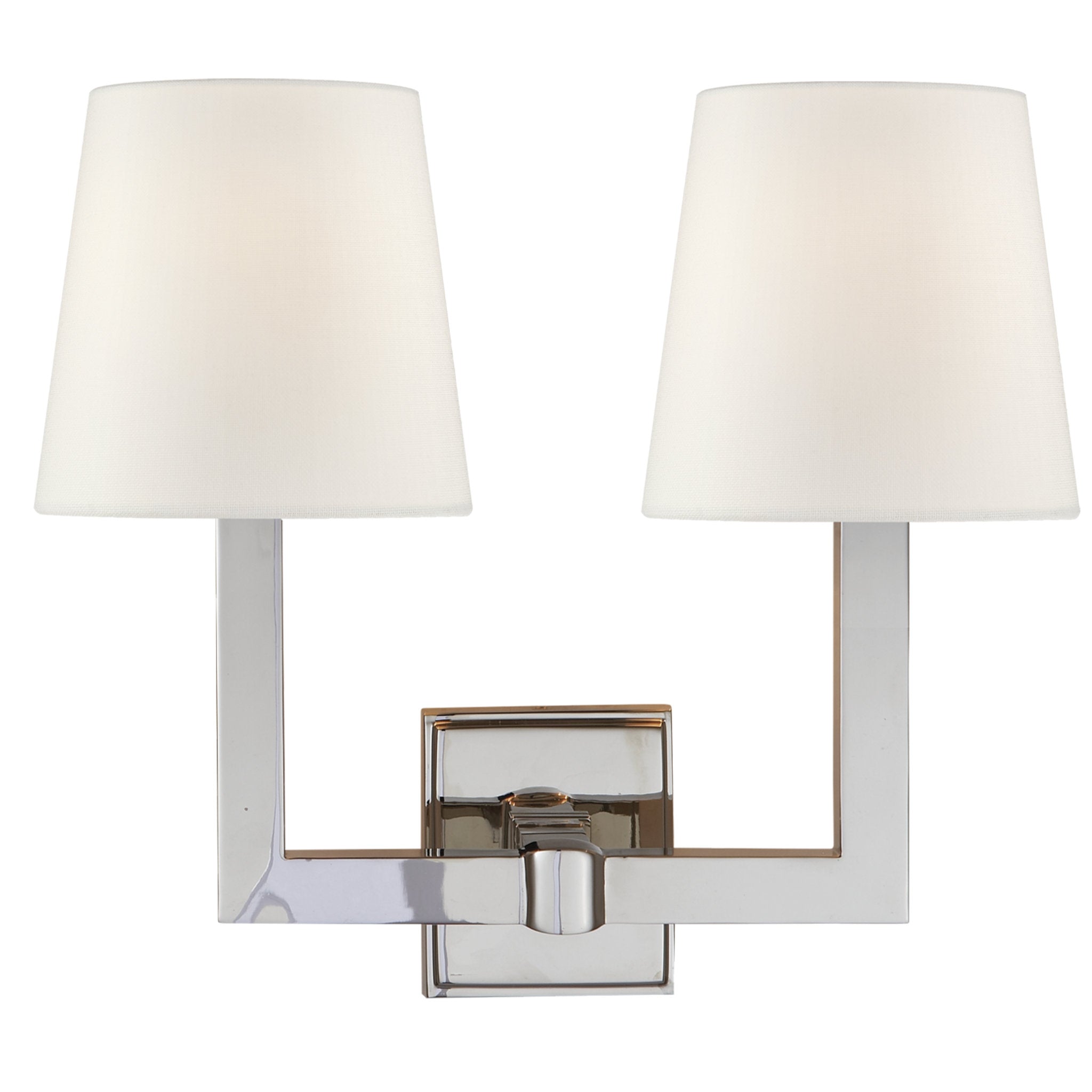 Chapman & Myers Square Tube Double Sconce in Polished Nickel with Linen Shades Wall Light W15" x H14"