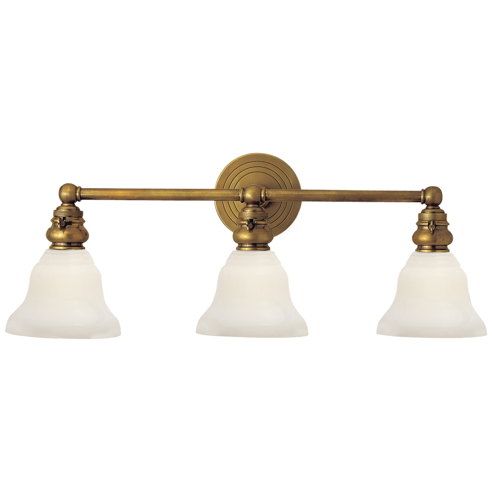 Chapman & Myers Boston Functional Triple Light in Hand-Rubbed Antique Brass with White Glass Wall Light W23" x H9"