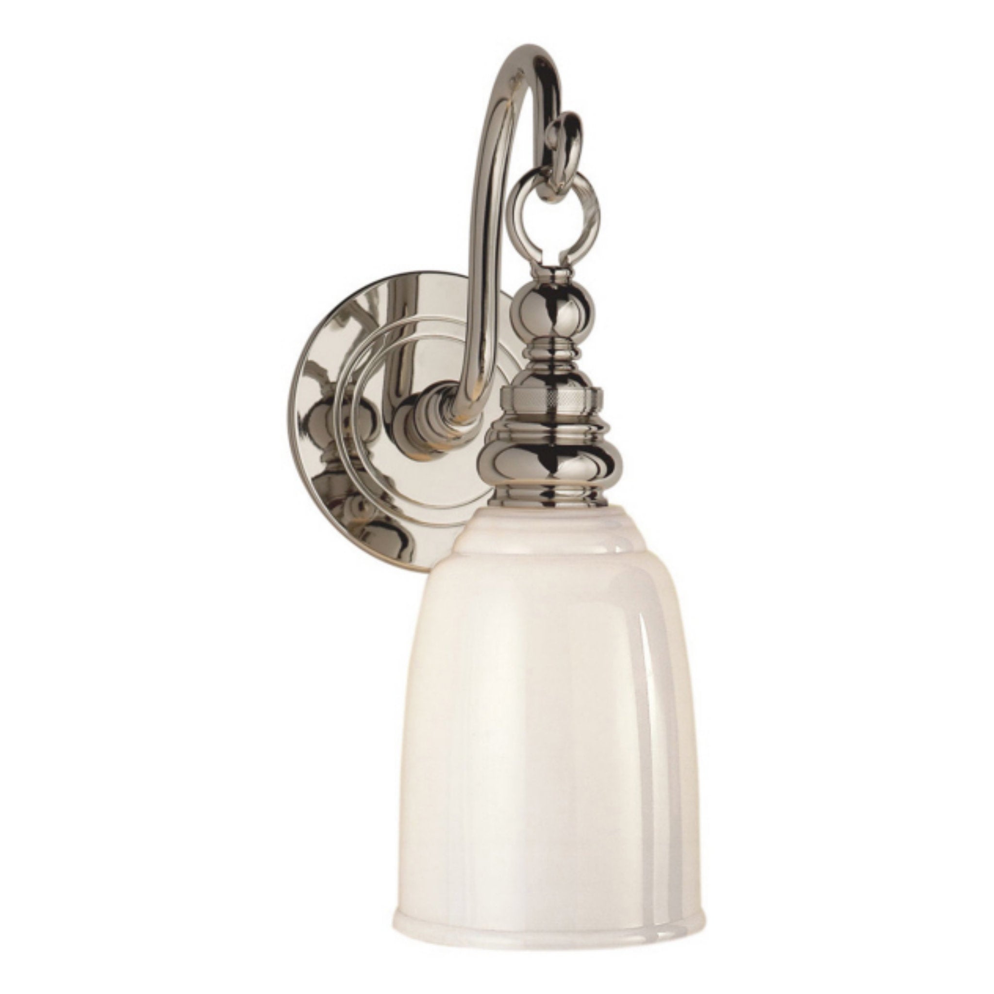 Chapman & Myers Boston Loop Arm Sconce in Polished Nickel with White Glass Wall Light W4.75" x H12.5"
