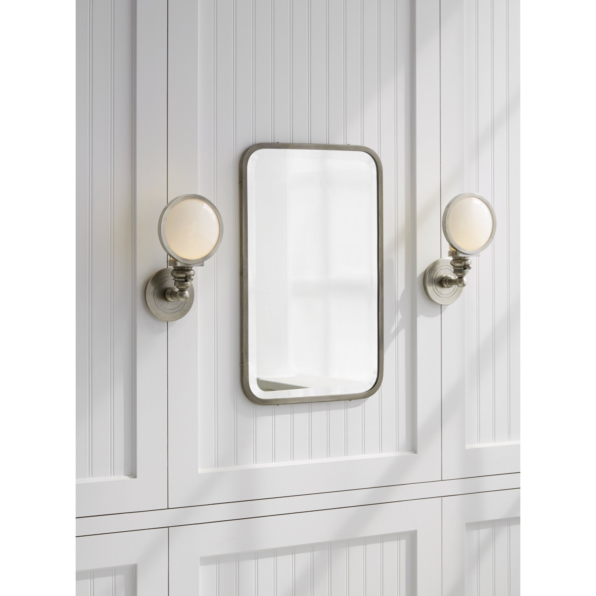 Chapman & Myers Boston Head Light Sconce in Antique Nickel with White Glass Wall Light W6" x H11.5"