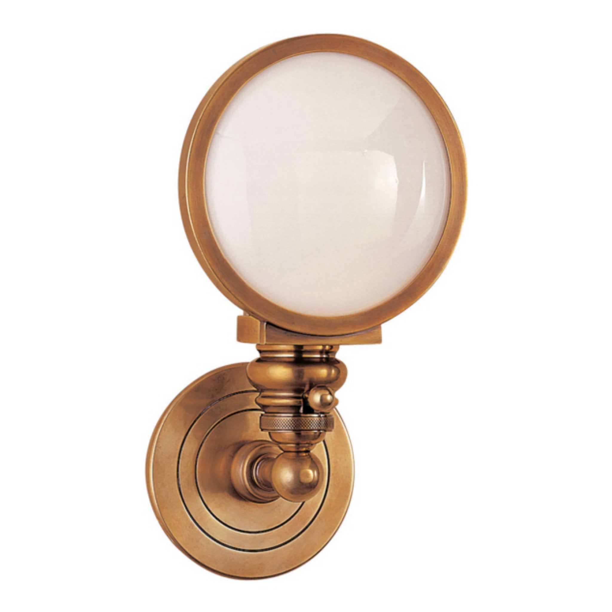 Chapman & Myers Boston Head Light Sconce in Hand-Rubbed Antique Brass with White Glass Wall Light W6" x H11.5"