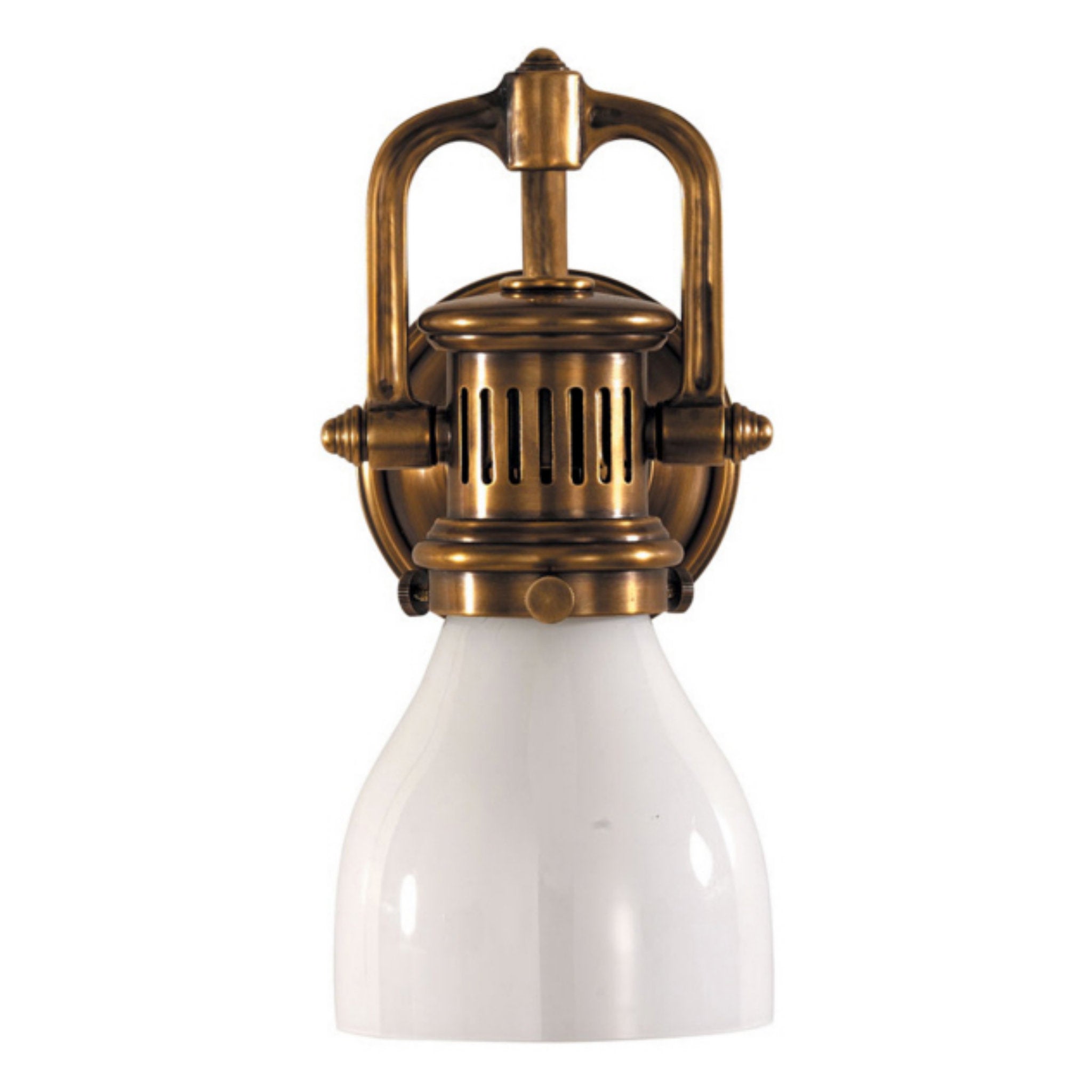 Chapman & Myers Yoke Suspended Sconce in Hand-Rubbed Antique Brass with White Glass Wall Light W5" x H10.25"