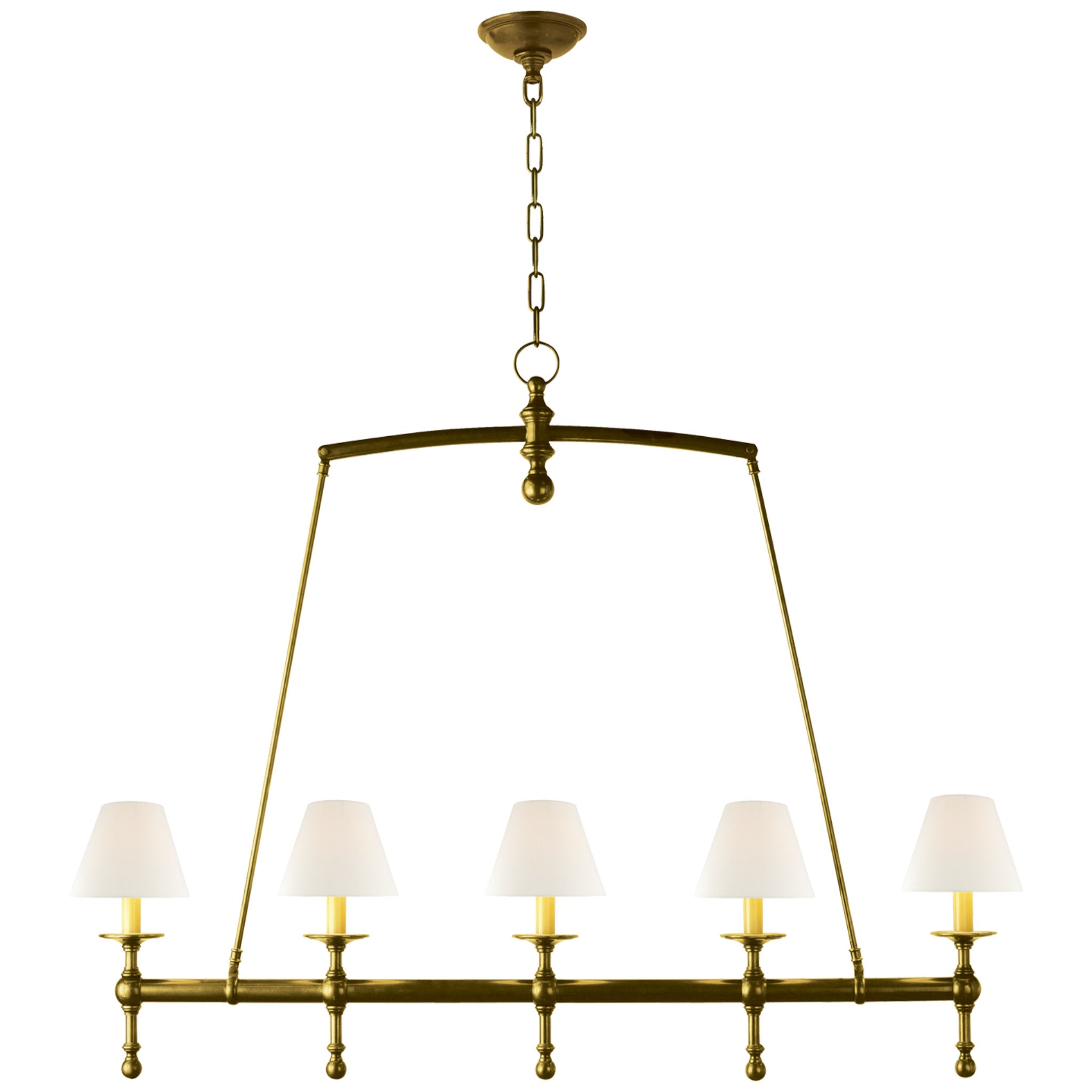 Chapman & Myers Classic Linear Chandelier in Hand-Rubbed Antique Brass with Linen Shades Ceiling Light W48.25" x H37.5"