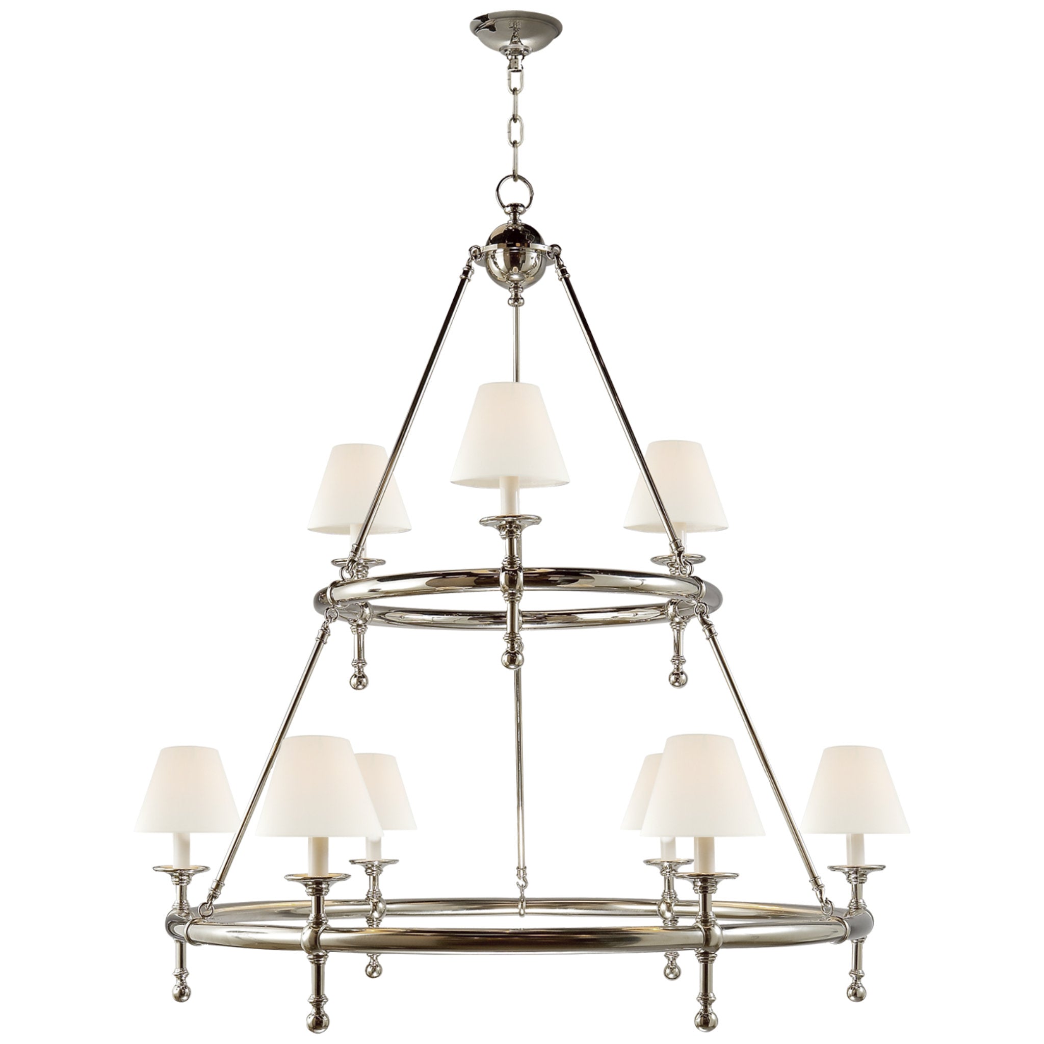 Chapman & Myers Classic Two-Tier Ring Chandelier in Polished Nickel with Linen Shades Ceiling Light W44"