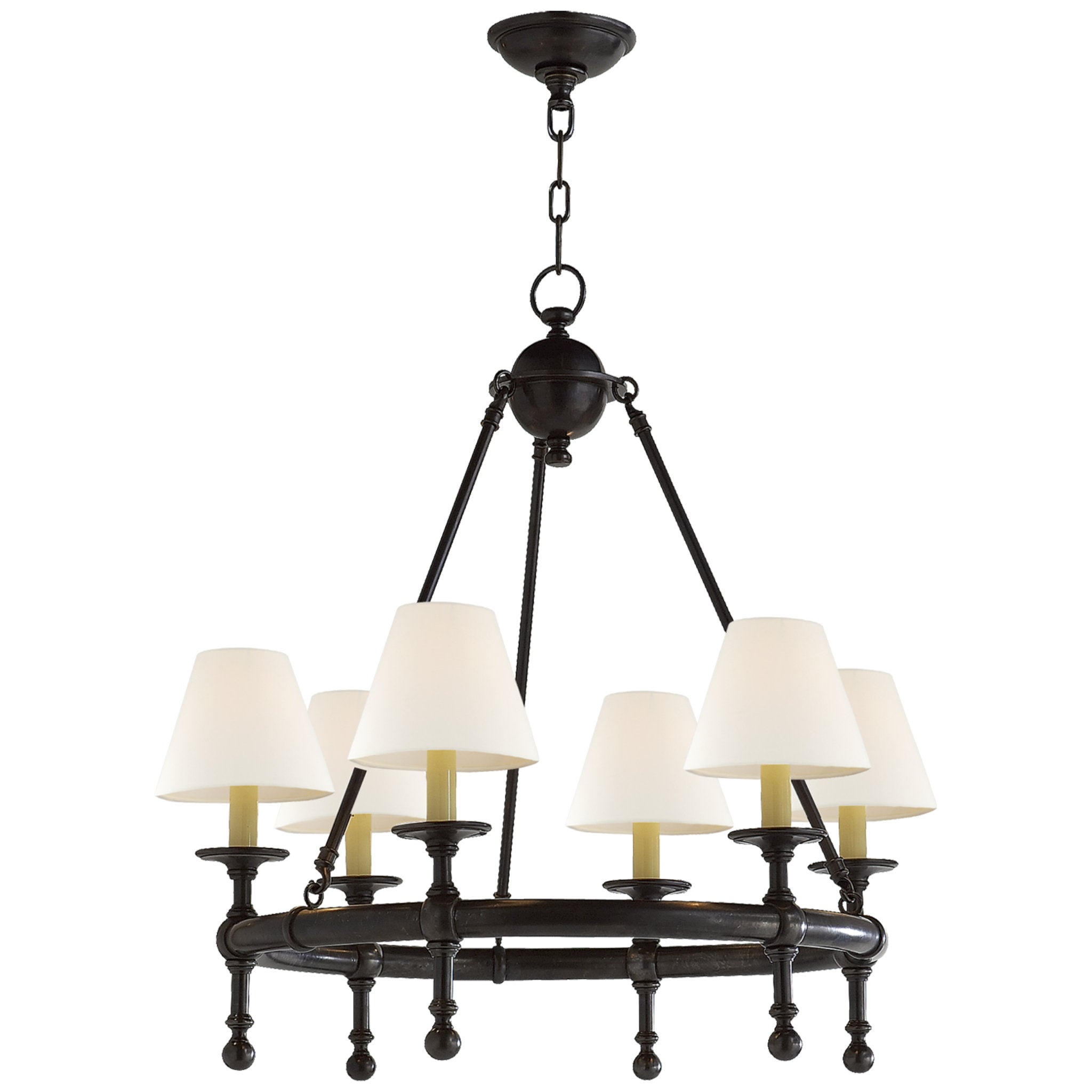 Chapman & Myers Classic Mini Ring Chandelier in Bronze with Linen Shades Ceiling Light W28"