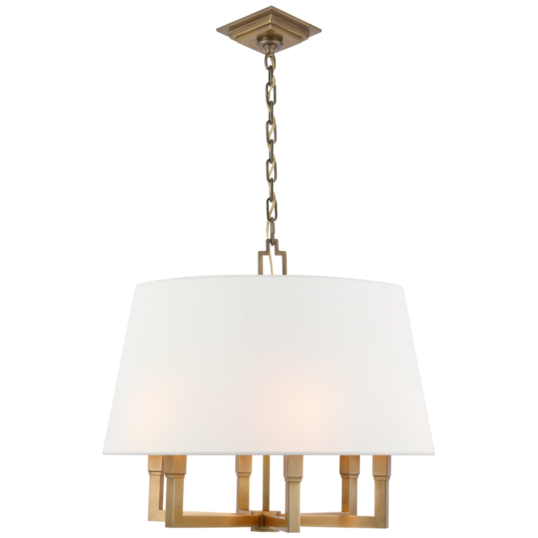 Chapman & Myers Square Tube Hanging Shade in Hand-Rubbed Antique Brass with Linen Shade Ceiling Light W24" x H21"