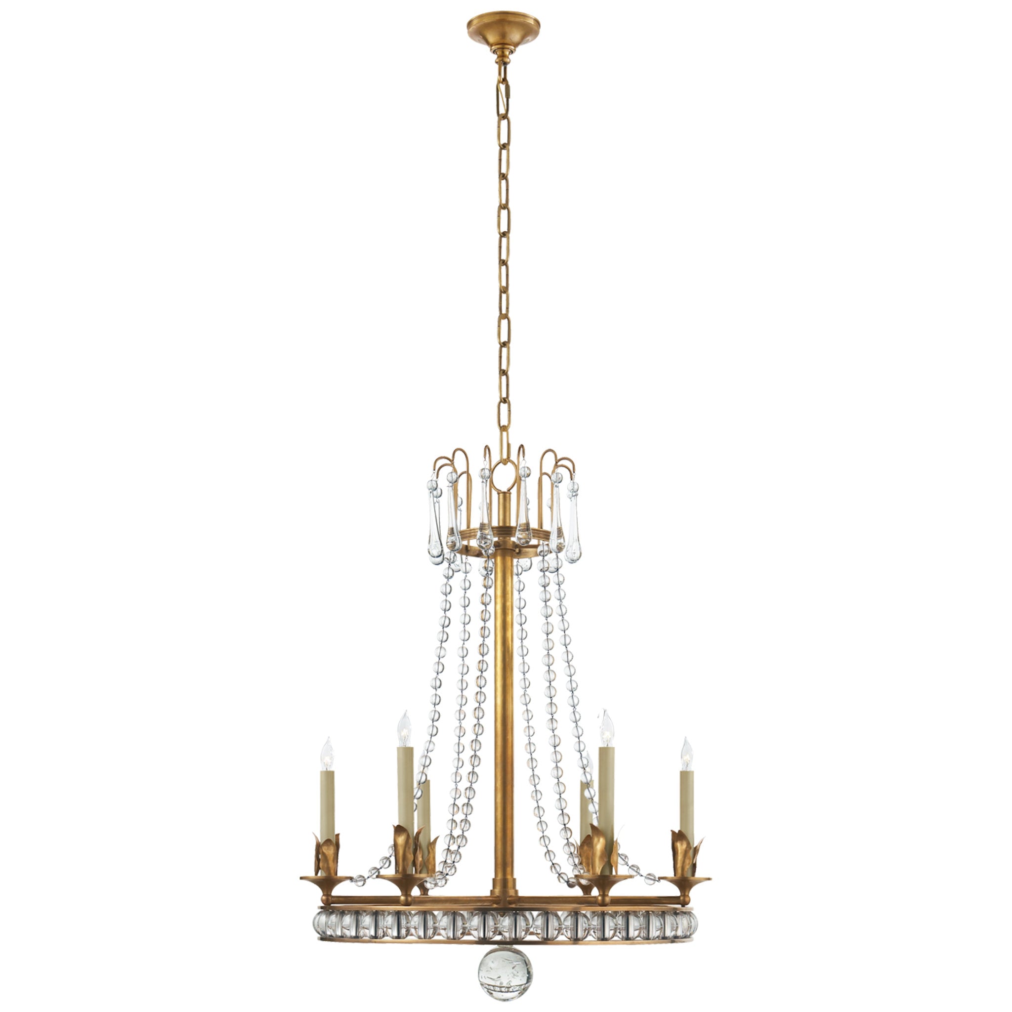 Joe Nye Regency Medium Chandelier in Hand-Rubbed Antique Brass with Seeded Glass Ceiling Light W22" x H30.75"