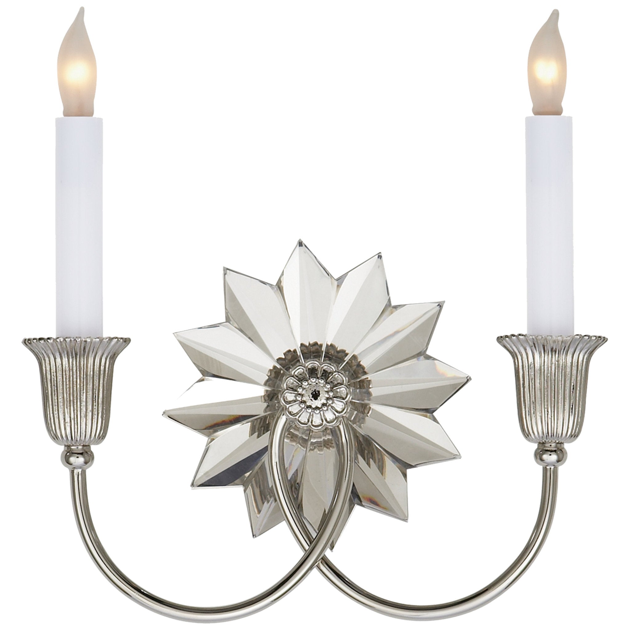 J. Randall Powers Huntingdon Double Sconce in Polished Nickel and Crystal Wall Light W10.25" x H9.5"