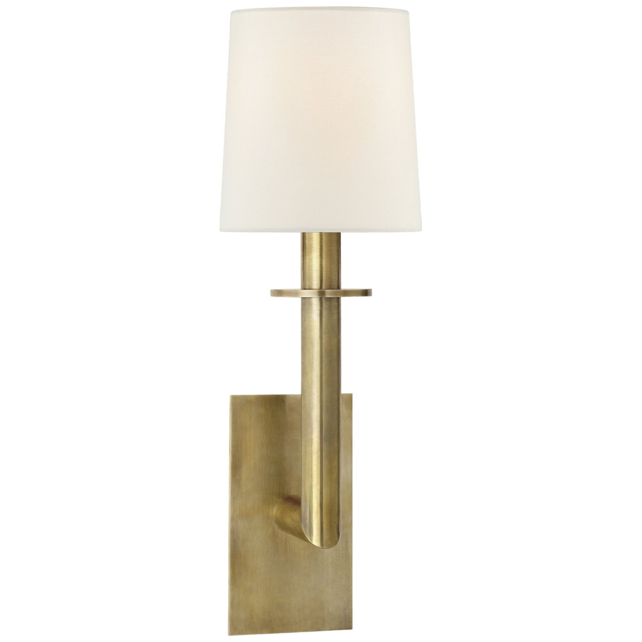 J. Randall Powers Dalston Sconce in Hand-Rubbed Antique Brass with Linen Shade Wall Light W7.5" x H23.75"