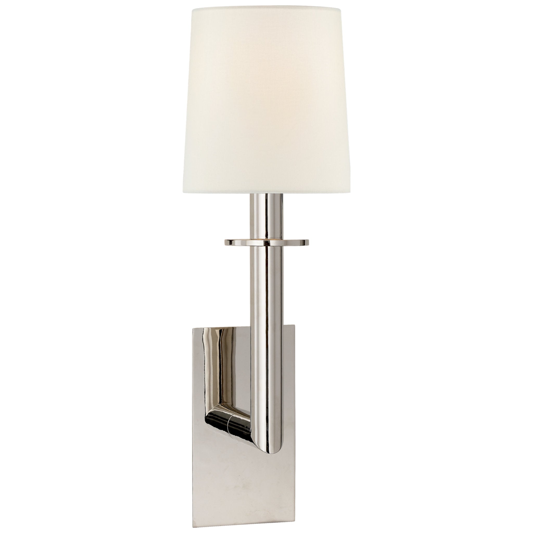 J. Randall Powers Dalston Sconce in Polished Nickel with Linen Shade Wall Light W7.5" x H23.75"