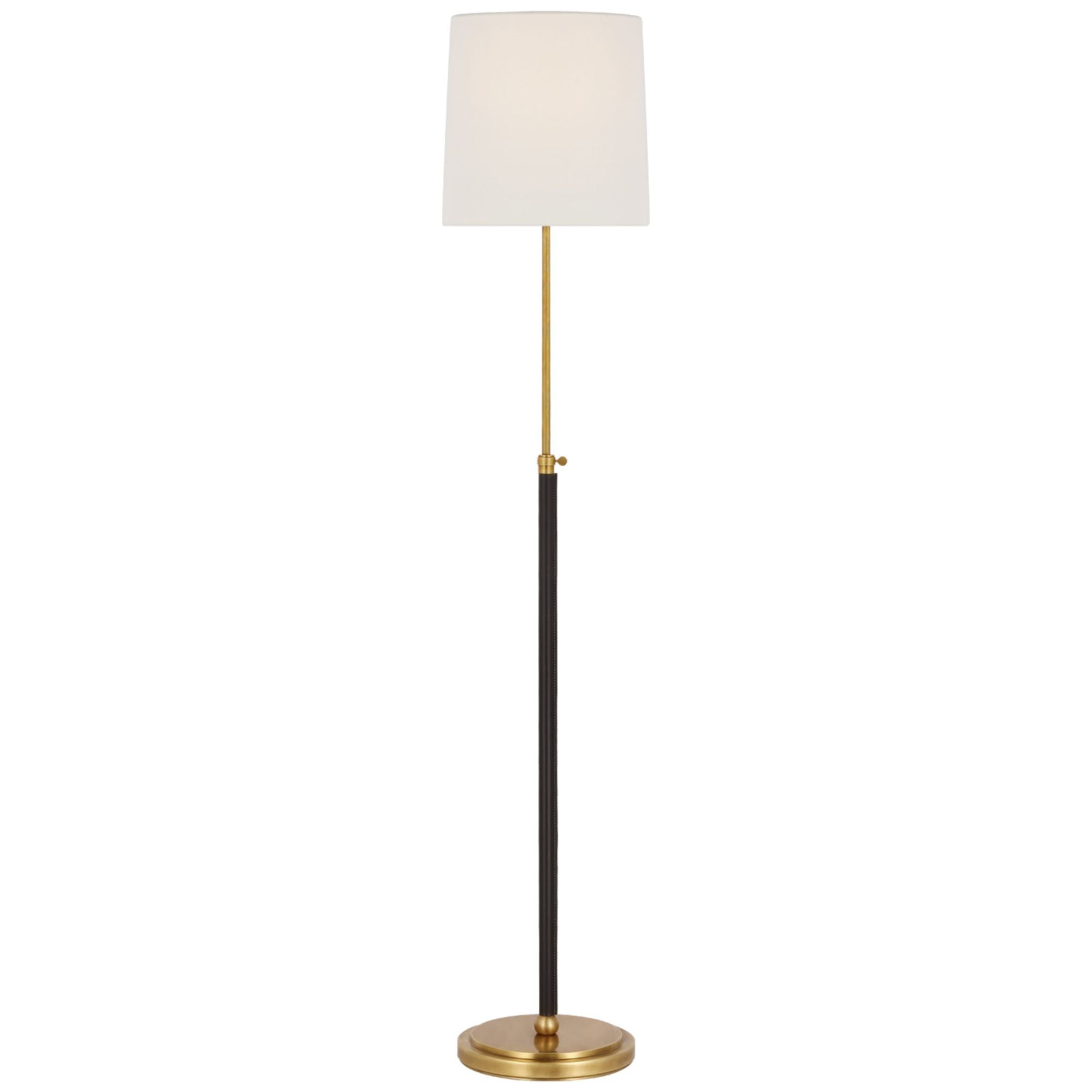 Thomas O'Brien Bryant Wrapped Floor Lamp in Hand-Rubbed Antique Brass and Chocolate Leather with Linen Shade W12" x H45.25" - 62"