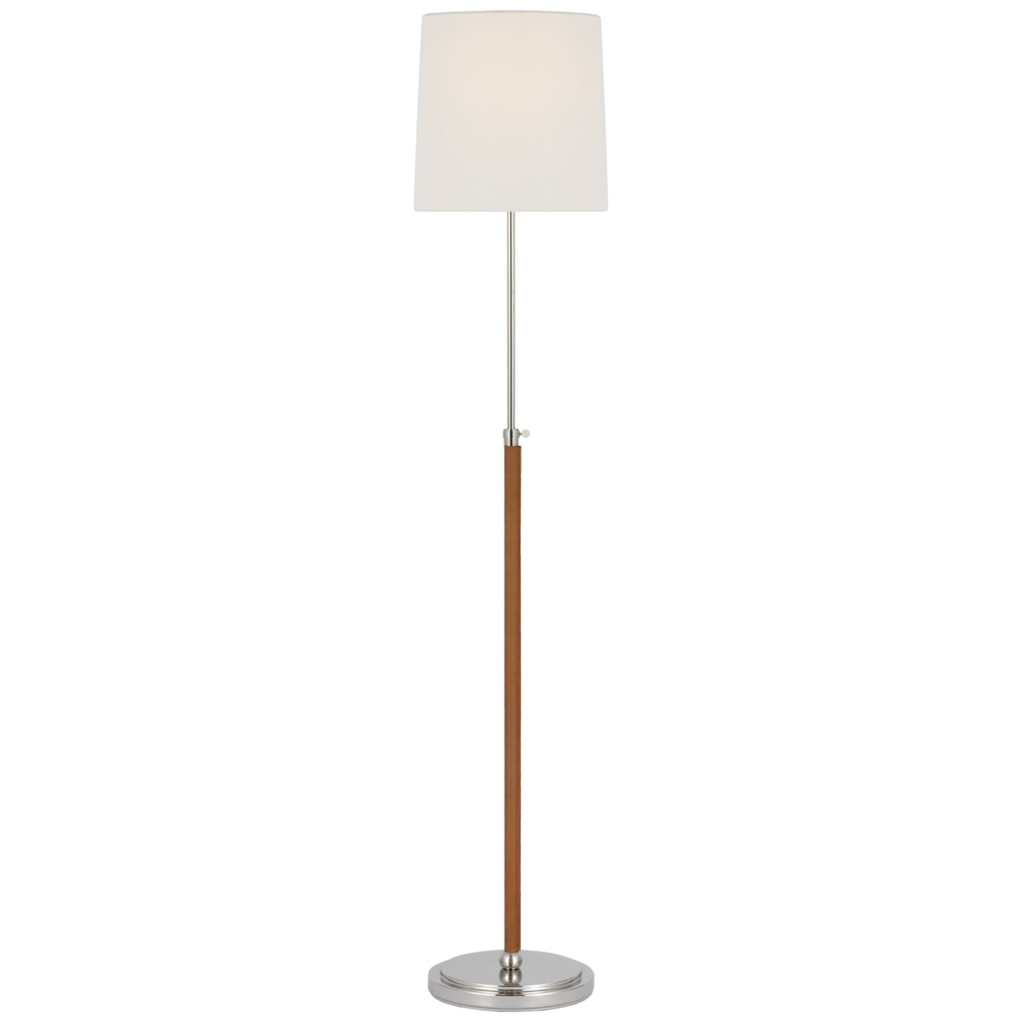 Thomas O'Brien Bryant Wrapped Floor Lamp in Polished Nickel and Natural Leather with Linen Shade W12" x H45.25" - 62"