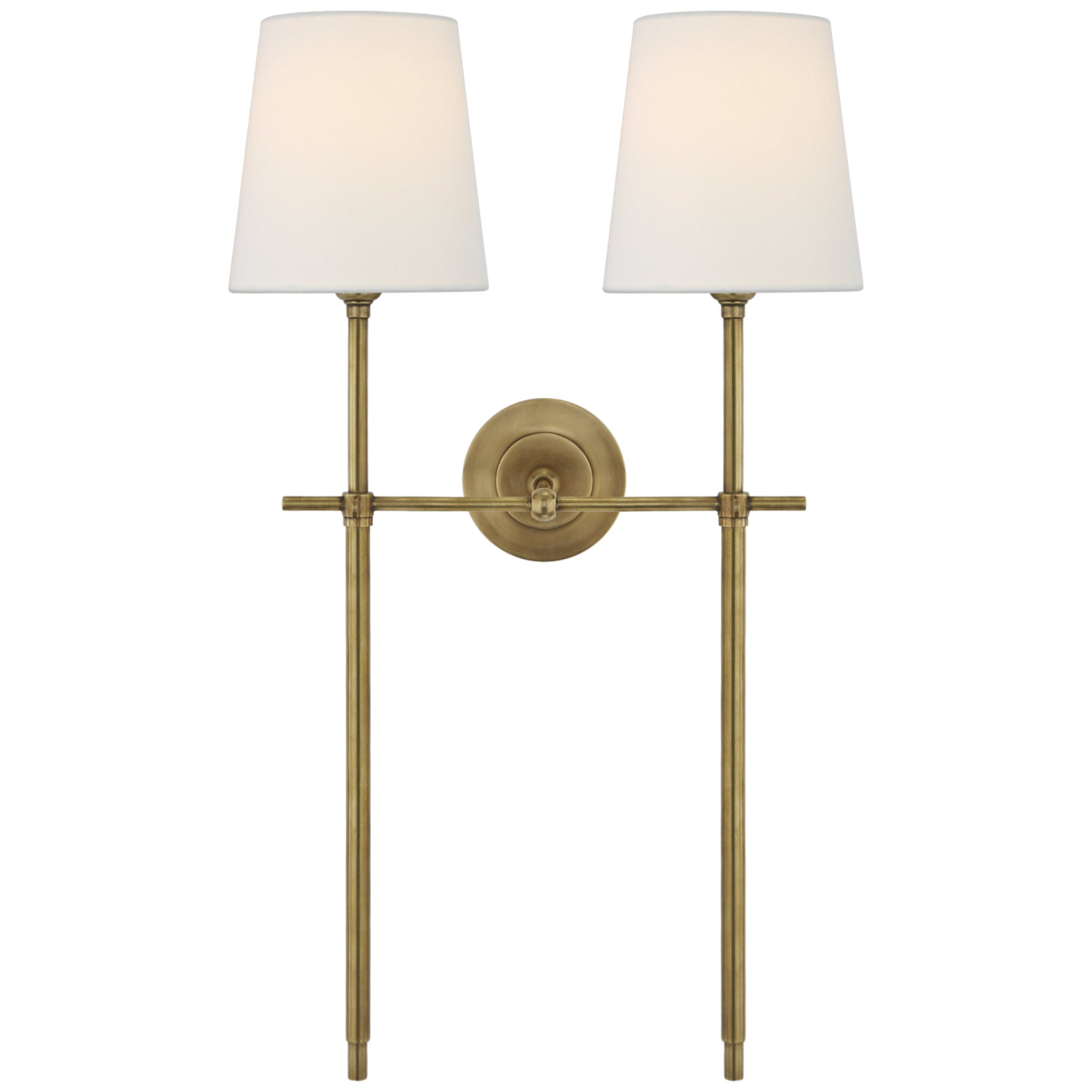 Thomas O'Brien Bryant Large Double Tail Sconce in Hand-Rubbed Antique Brass with Linen Shades Wall Light W16" x H26.5"